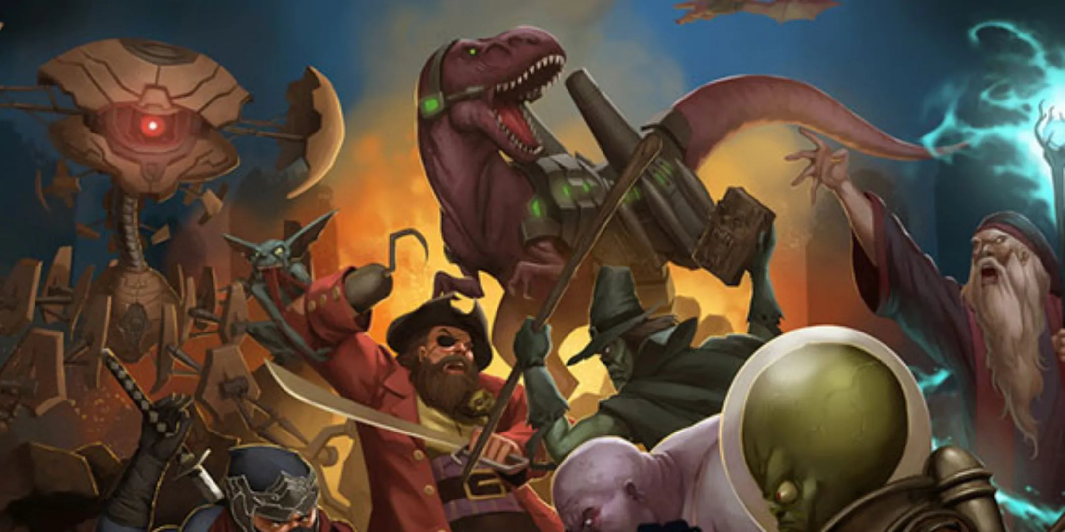 Bìa hộp board game Smash Up với hình ảnh cướp biển, khủng long, người ngoài hành tinh chiến đấu, thể hiện sự kết hợp hài hước các phe phái
