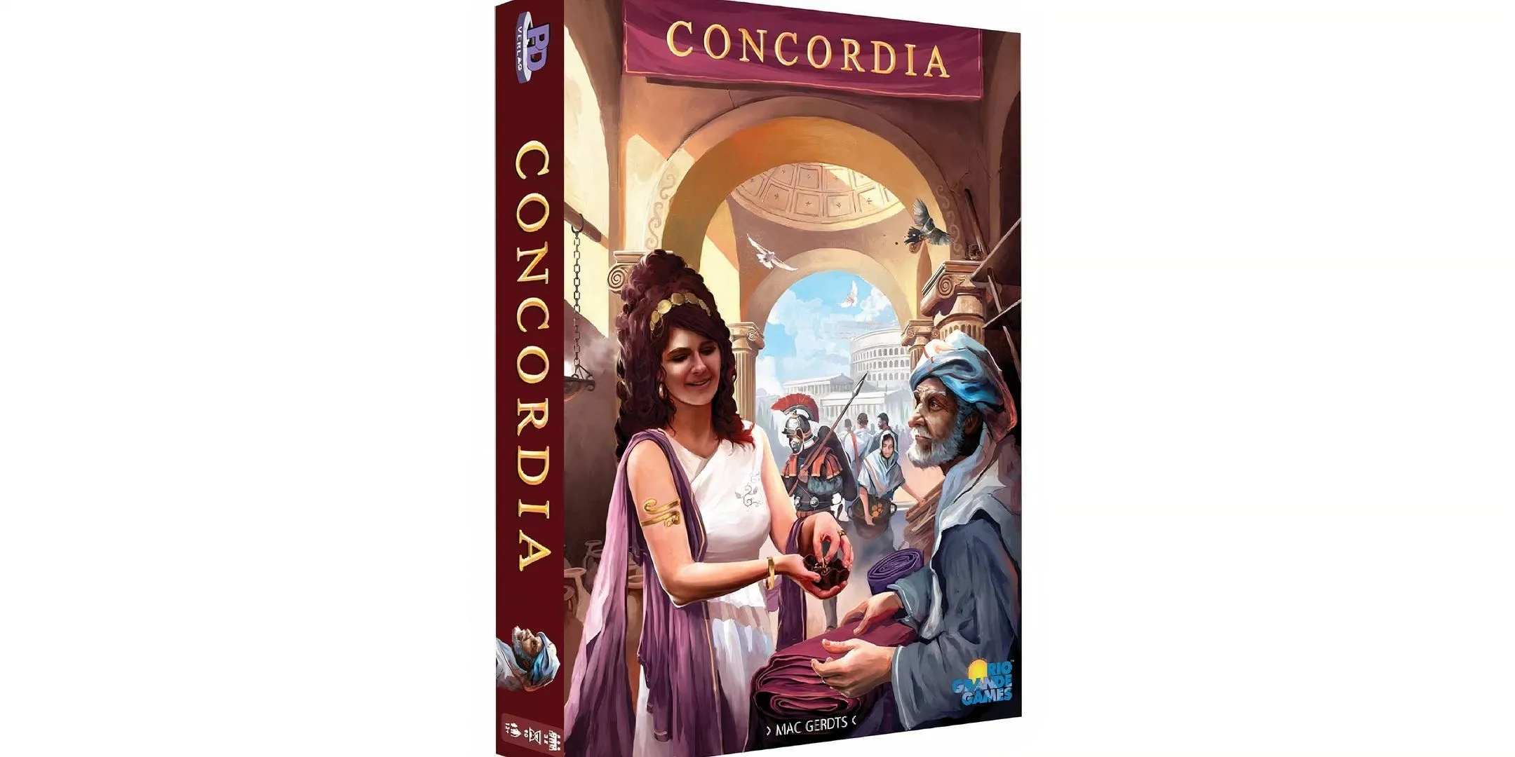 Bìa hộp game Concordia với hình ảnh bản đồ cổ điển và các thành phố La Mã