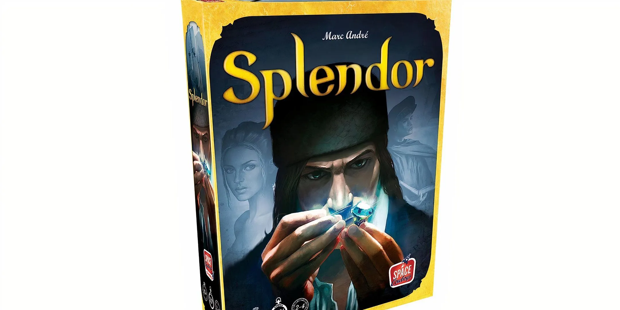Bìa hộp game Splendor, với hình ảnh một người đàn ông nhìn vào viên đá quý