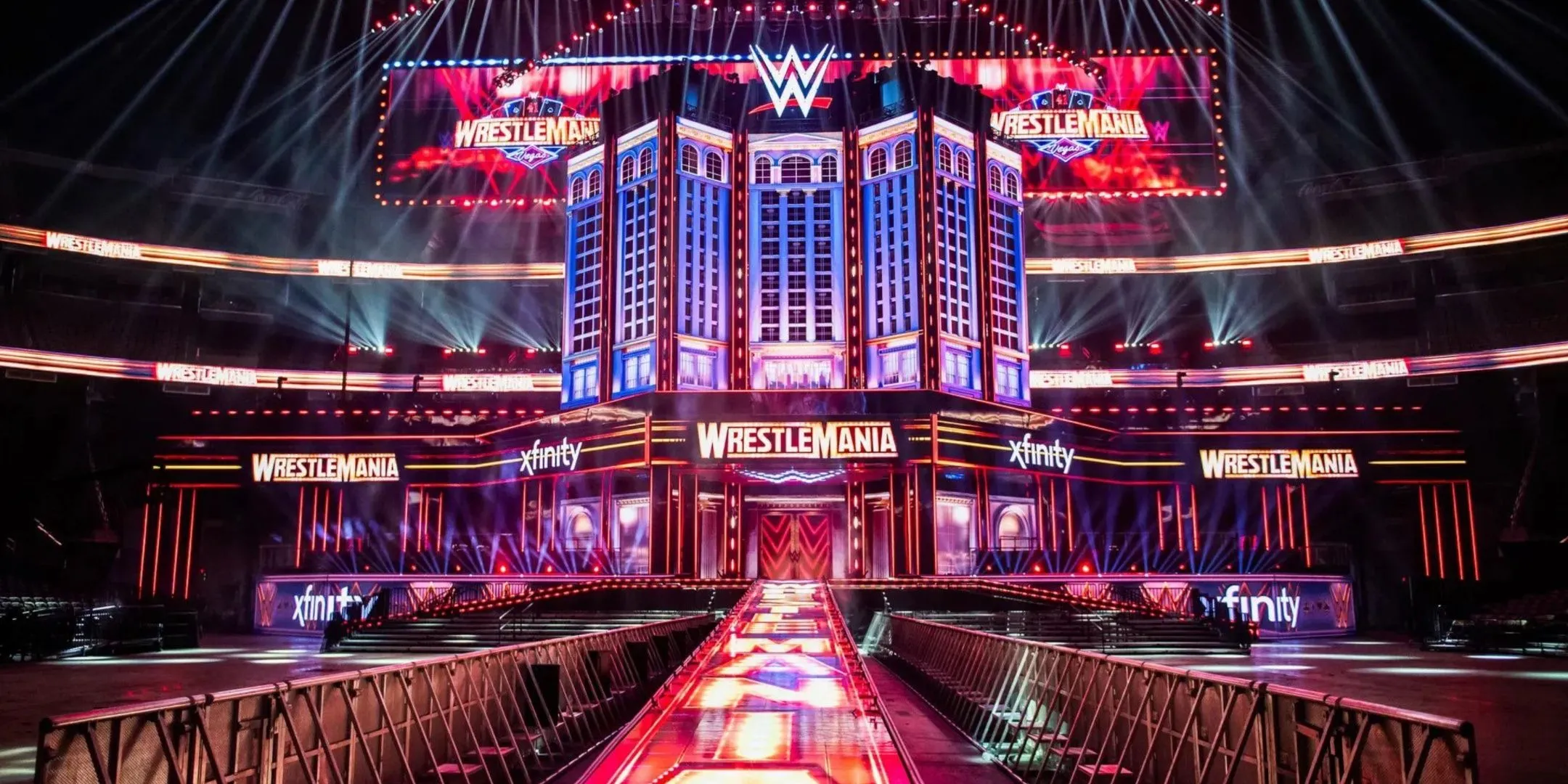 Bối cảnh sàn đấu WrestleMania 41 hoành tráng, gợi liên tưởng đến những trận đấu kinh điển trong WWE 2K Showcase Mode