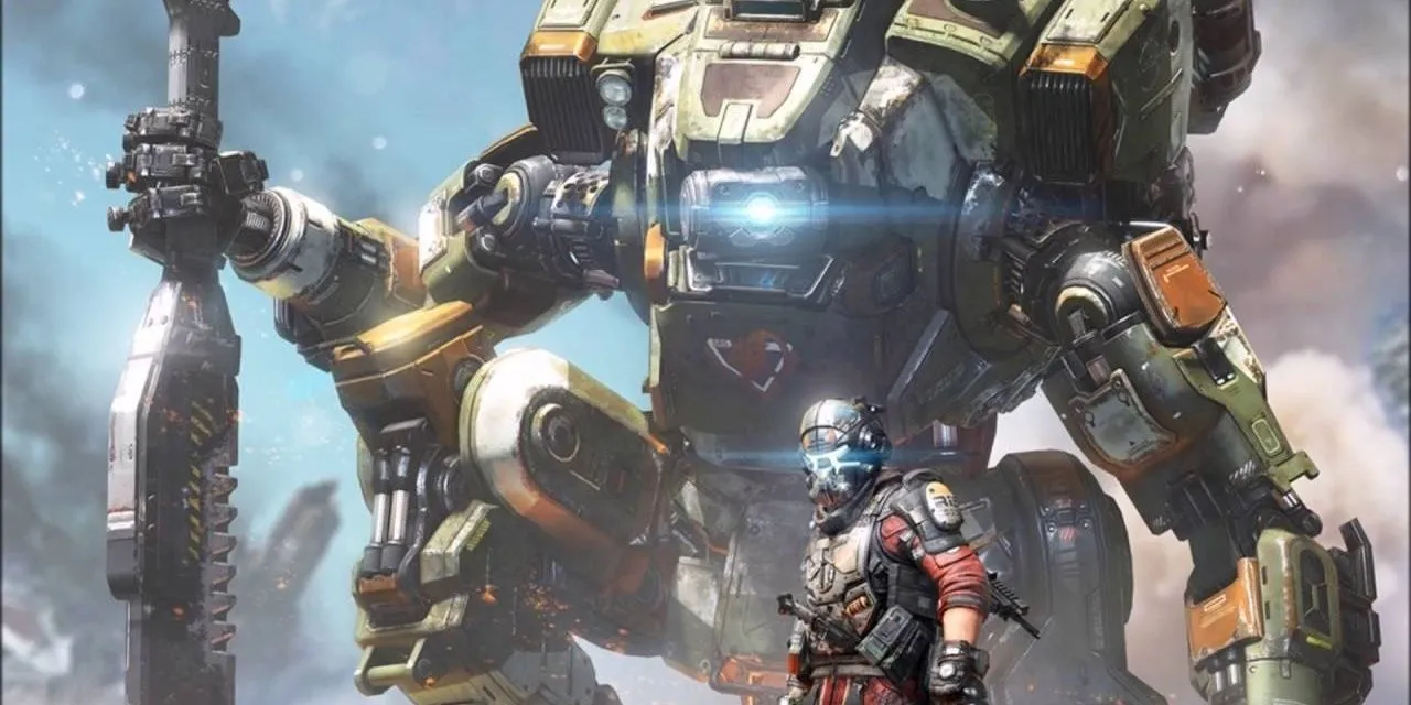 BT-7274 đứng phía sau phi công Jack Cooper trong cảnh game Titanfall 2.