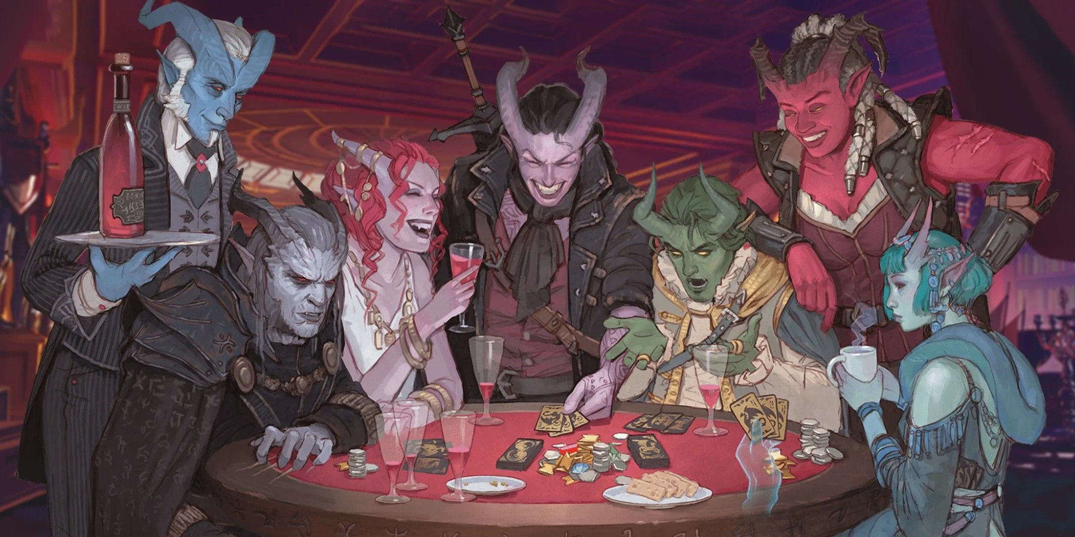 Các Tiefling đang chơi bài, biểu thị việc tránh các cuộc trò chuyện lạc đề làm gián đoạn buổi chơi Dungeons &amp; Dragons.