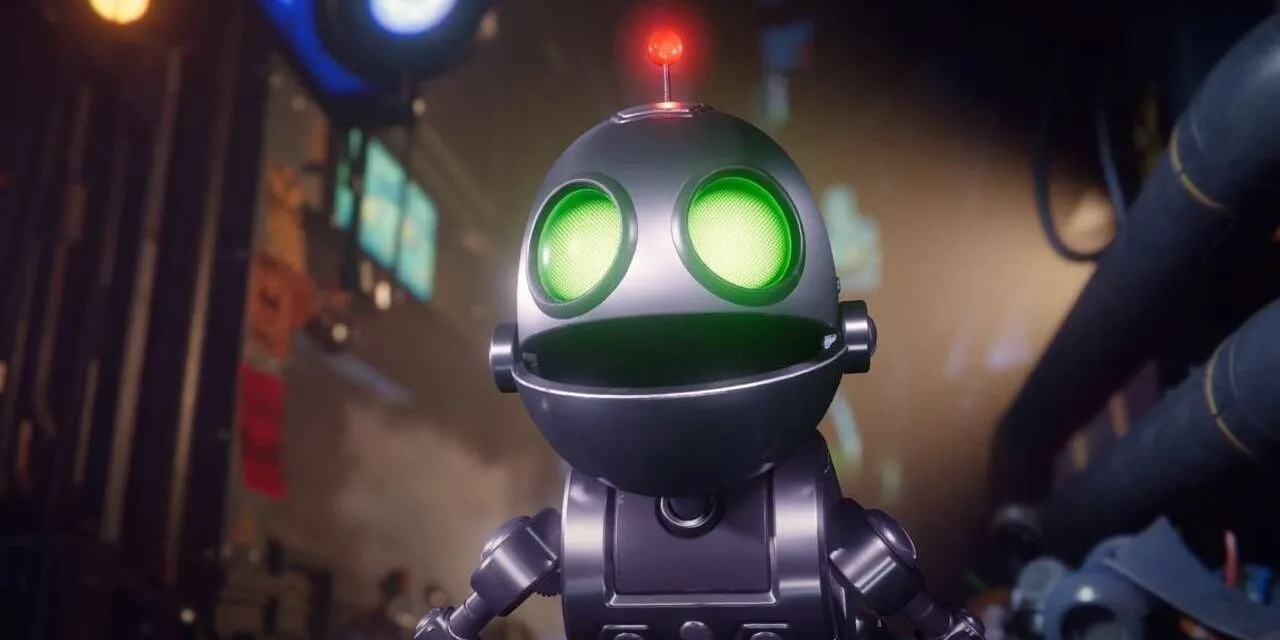 Cận cảnh robot Clank với đôi mắt xanh đặc trưng trong Ratchet and Clank Rift Apart.