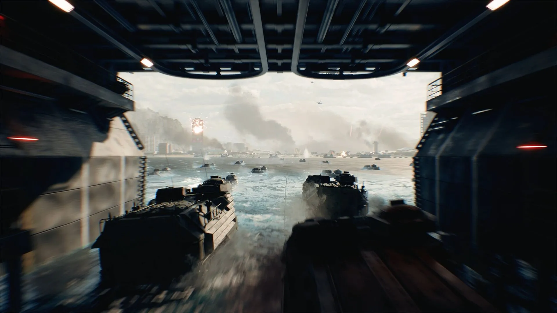 Cảnh trực thăng quân sự bay qua thành phố đổ nát trong Battlefield 6