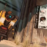 Claptrap từ Borderlands 3 đứng trước cổng khóa trong một cảnh game.