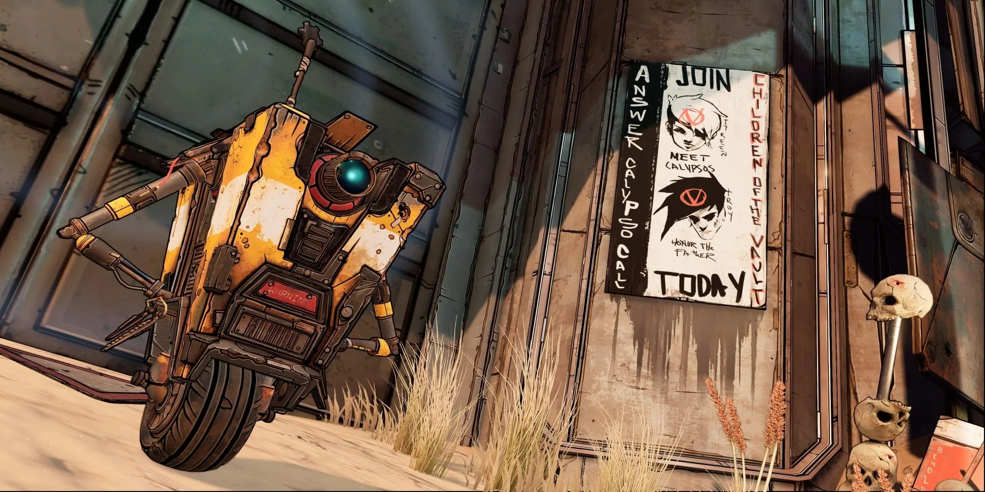 Claptrap từ Borderlands 3 đứng trước cổng khóa trong một cảnh game.