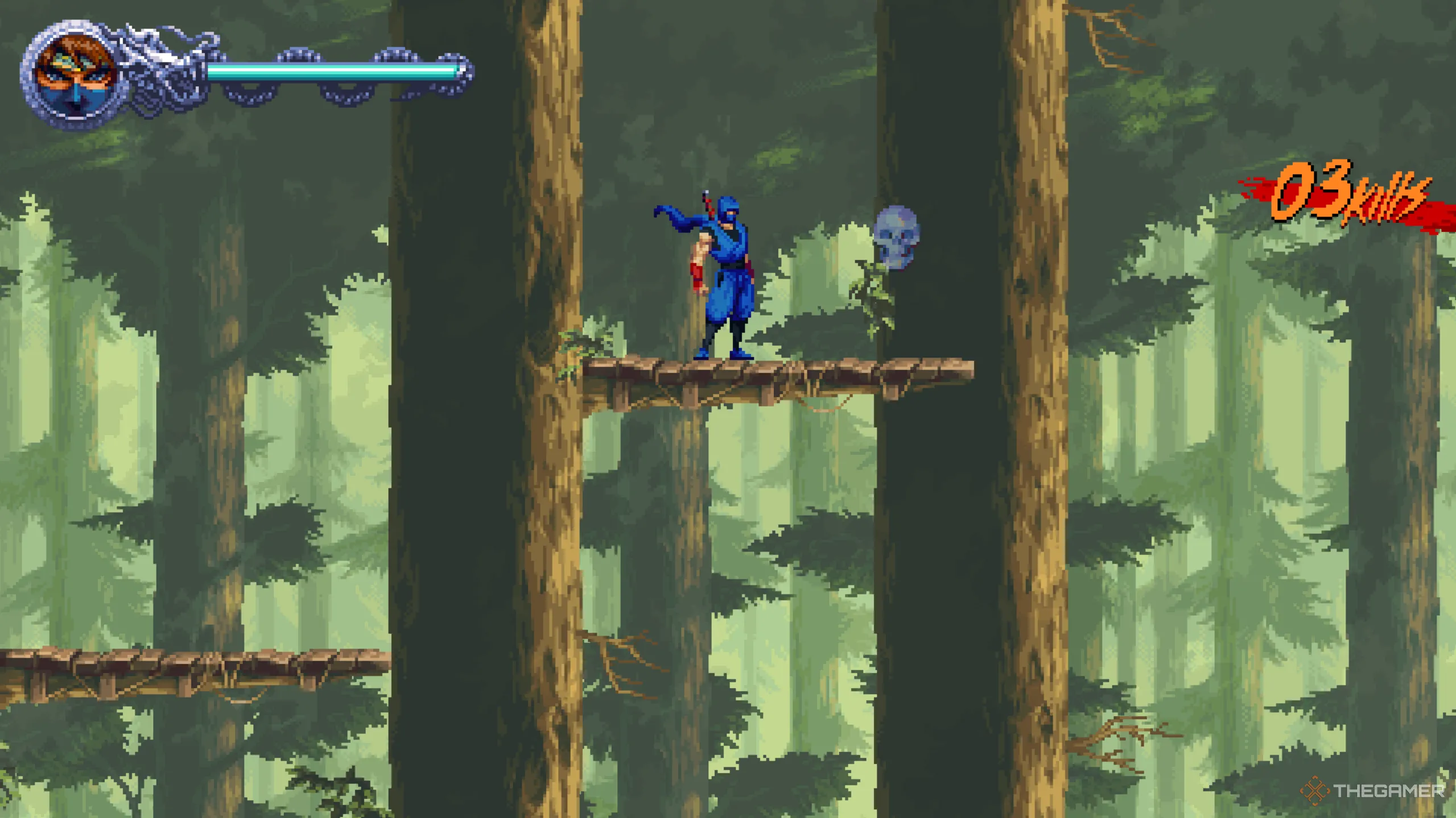 Crystal Skull đầu tiên của màn 1-3 nằm trên bục cao khuất tầm nhìn trong khu rừng rậm Ninja Gaiden: Ragebound