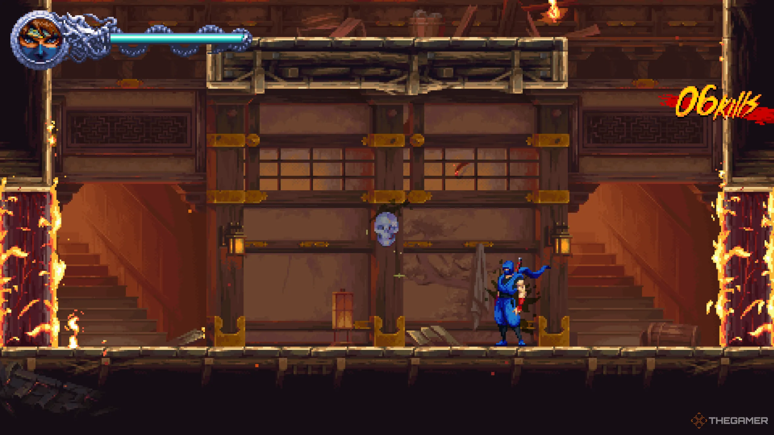 Crystal Skull đầu tiên trong căn nhà cháy ở màn 1-2, Ninja Gaiden: Ragebound