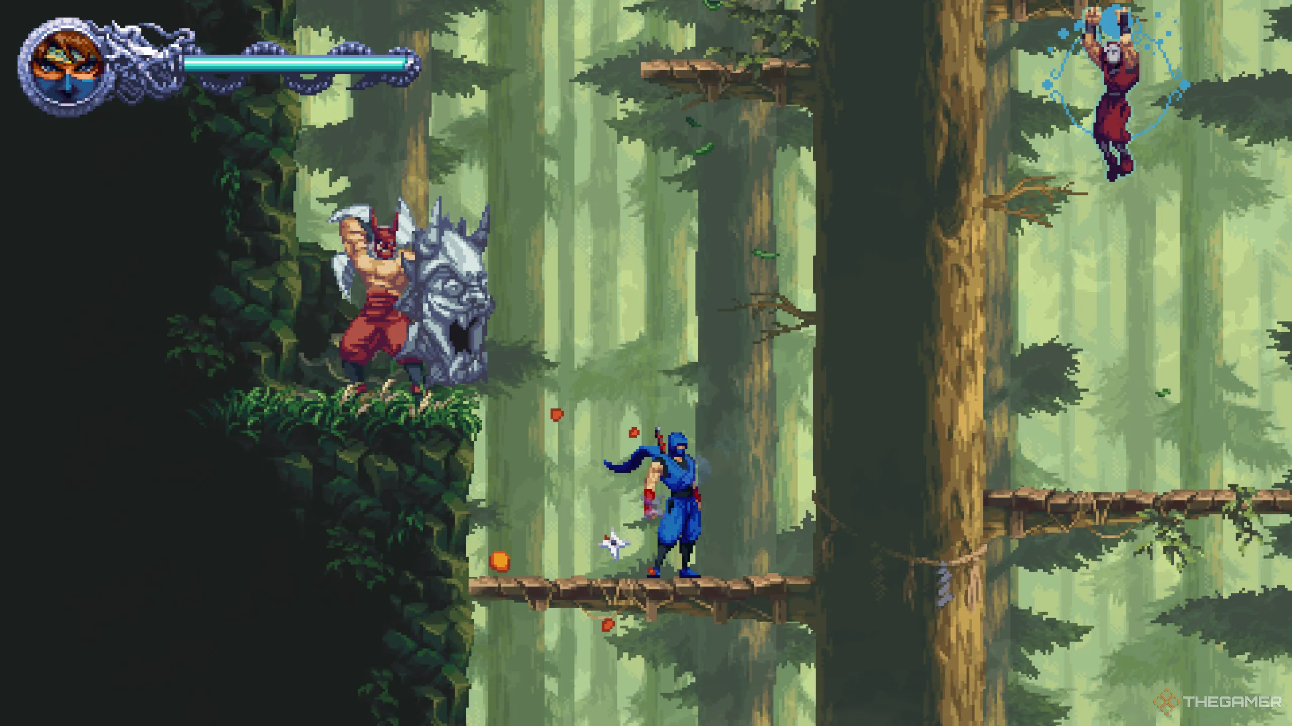 Crystal Skull thứ hai ở màn 1-3, nằm dưới chân một kẻ địch khổng lồ cầm khiên trong Ninja Gaiden: Ragebound