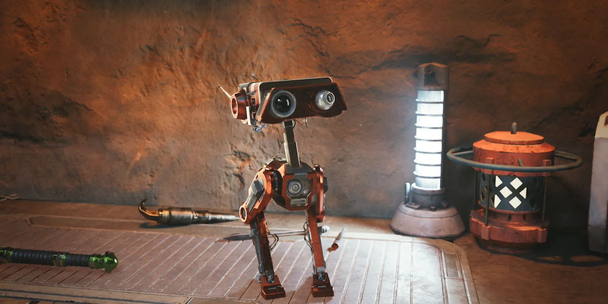 Droid BD-1 nhỏ bé trên bàn làm việc trong Star Wars Jedi Survivor.