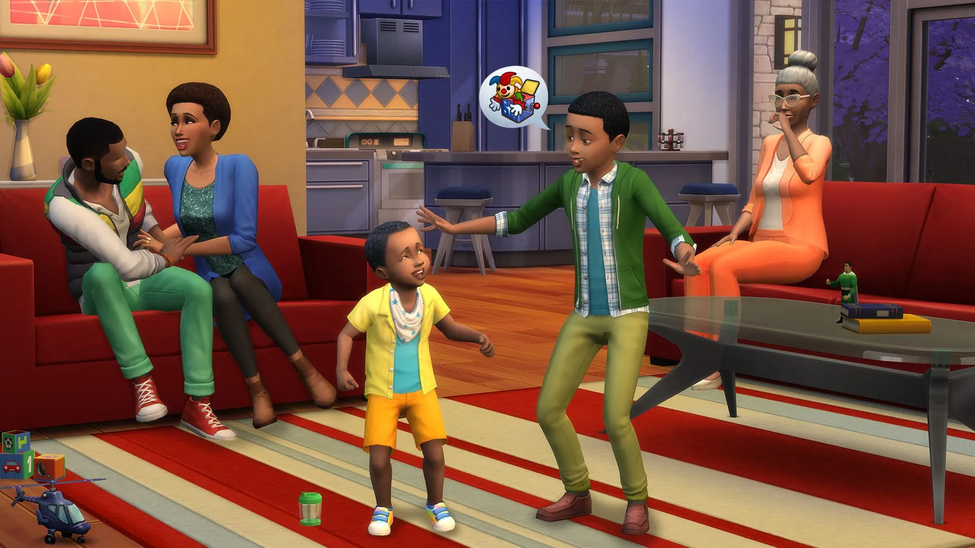 Gia đình Sim trong The Sims 4 trò chuyện vui vẻ, minh họa sự đầu tư của người chơi vào thế giới ảo.