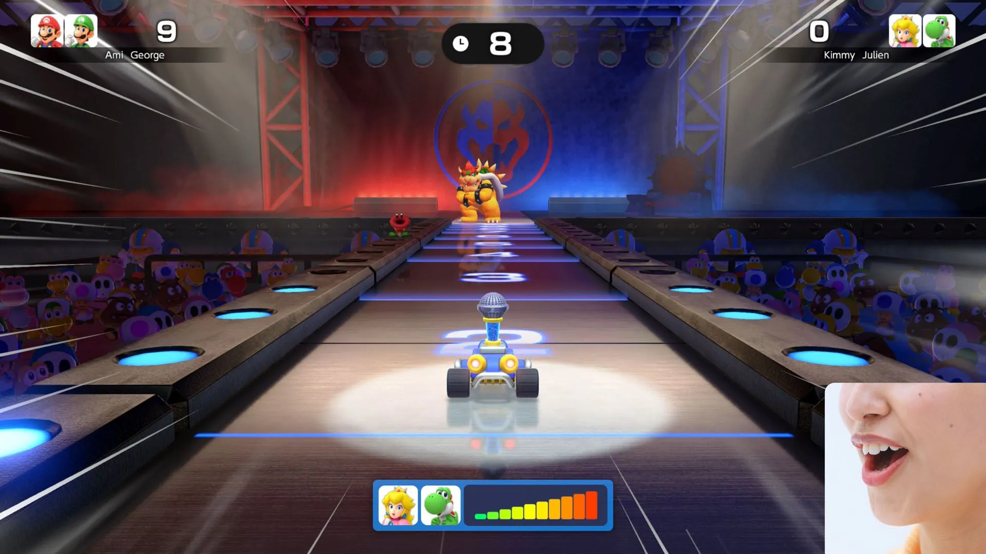 Giao diện bảng chơi Mario Party quen thuộc với các nhân vật nổi tiếng, rải rác trên bản đồ đầy màu sắc.