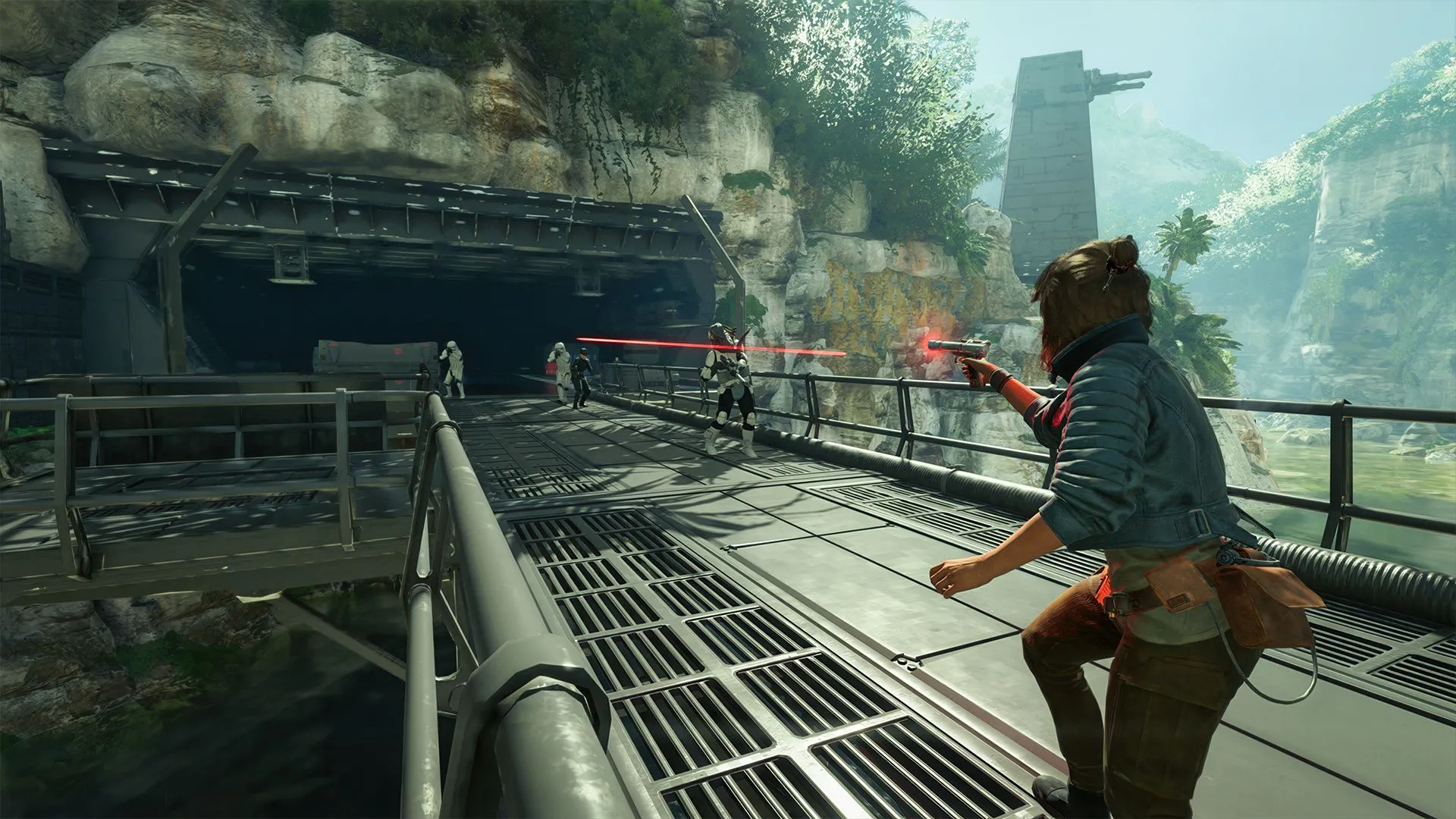 Giao diện chiến đấu của Kay Vess trong Star Wars Outlaws trên Nintendo Switch 2, cho thấy các chi tiết nhân vật và môi trường.