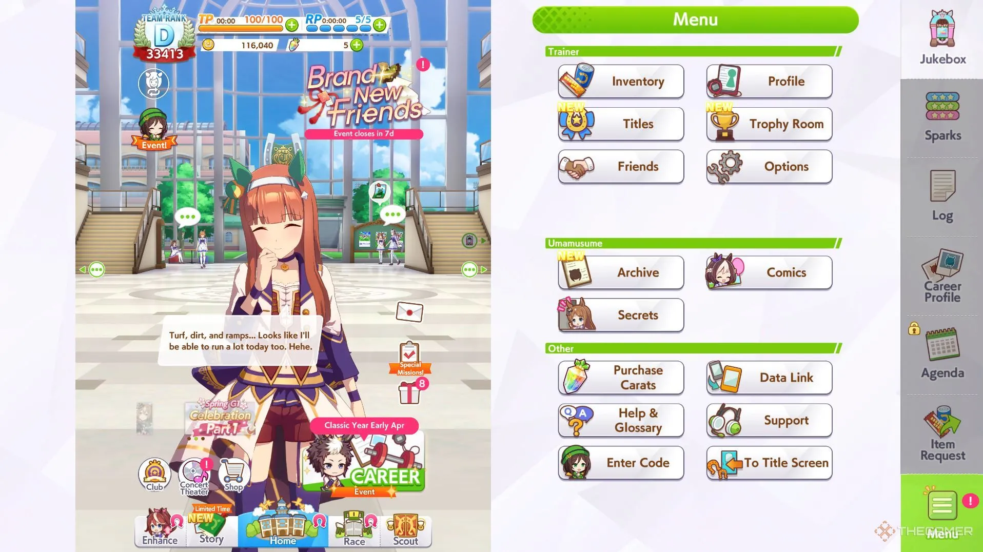 Giao diện Umamusume trên Steam với bố cục dọc và thanh log thông tin chi tiết