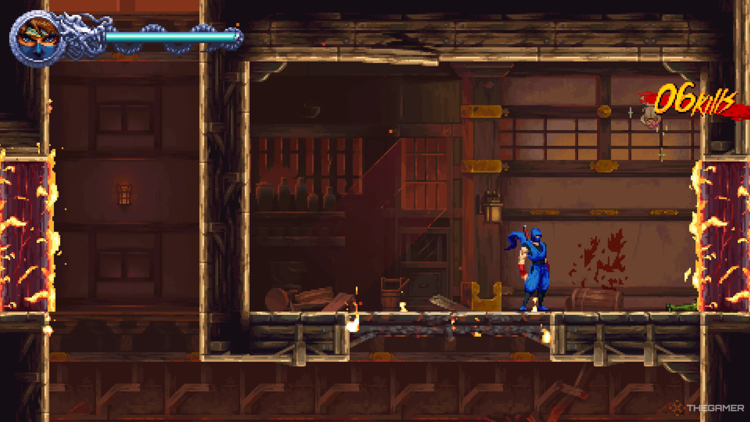 Golden Scarab cuối cùng của màn 1-2 nằm gần kẻ địch ném dao trong ngôi nhà đang cháy của Ninja Gaiden: Ragebound