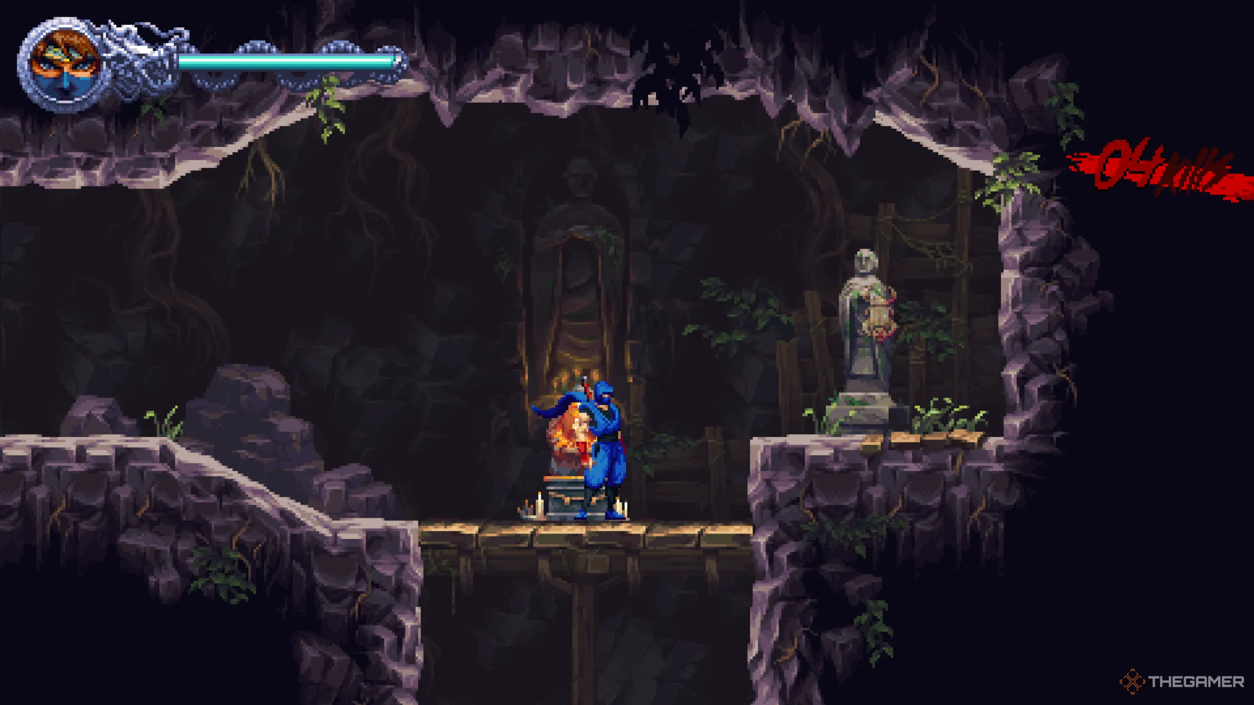 Golden Scarab thứ hai dễ dàng nhận ra bên phải điểm checkpoint trong hang động ở Ninja Gaiden: Ragebound