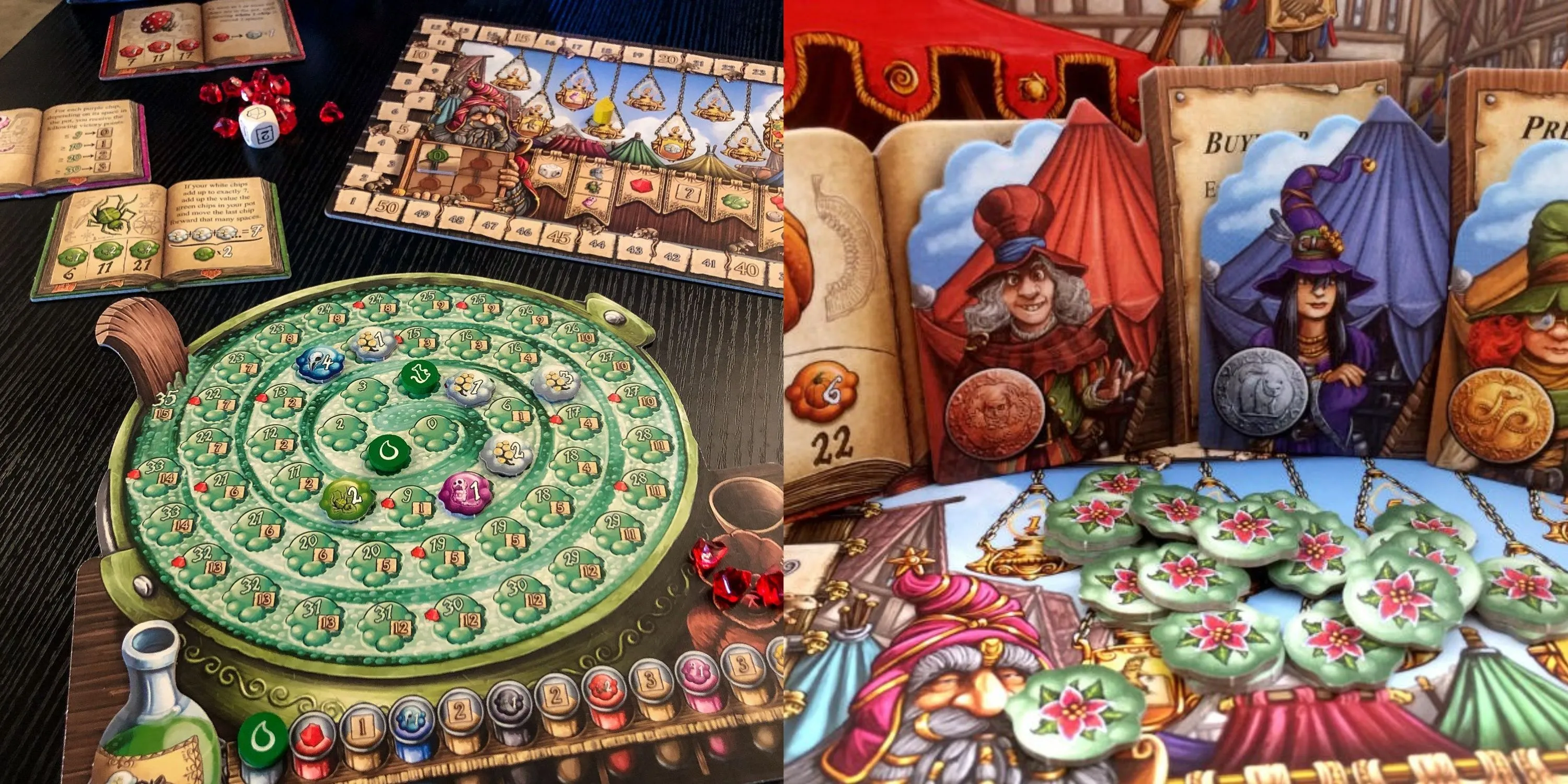 Hai hình ảnh minh họa gameplay của board game Quacks of Quedlinburg, nơi người chơi pha chế độc dược