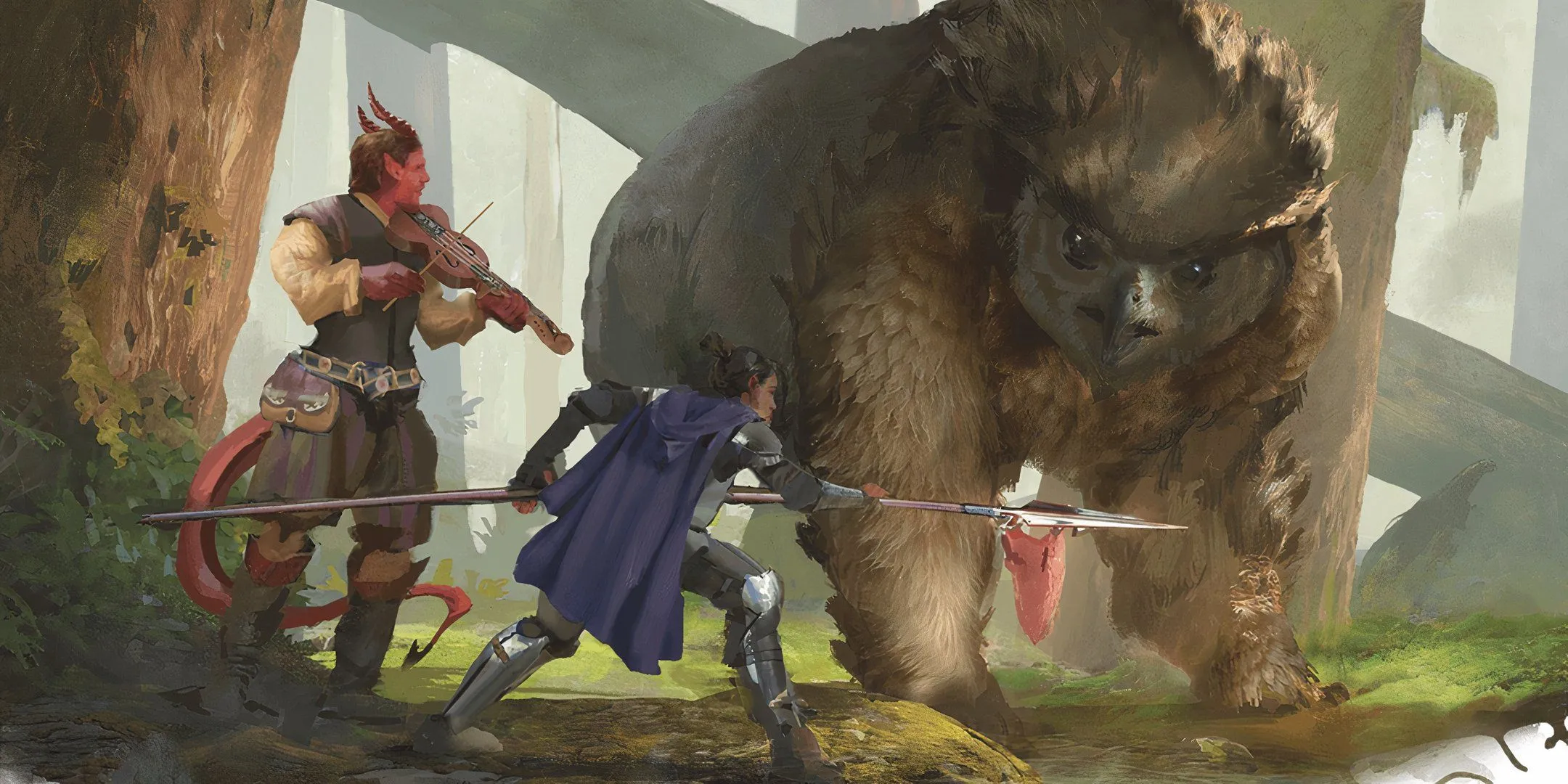 Hai nhà thám hiểm giao tiếp với một Owlbear, nhấn mạnh việc tìm kiếm thức ăn trong môi trường khắc nghiệt.