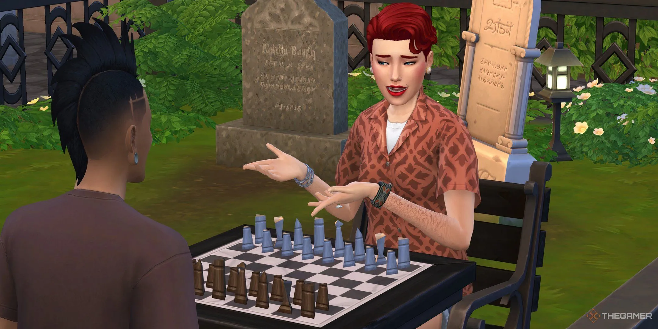 Hai nhân vật Sims chơi cờ vua gần bia mộ trong game The Sims 4, gợi nhắc về sự thử thách trí tuệ và tư duy chiến thuật