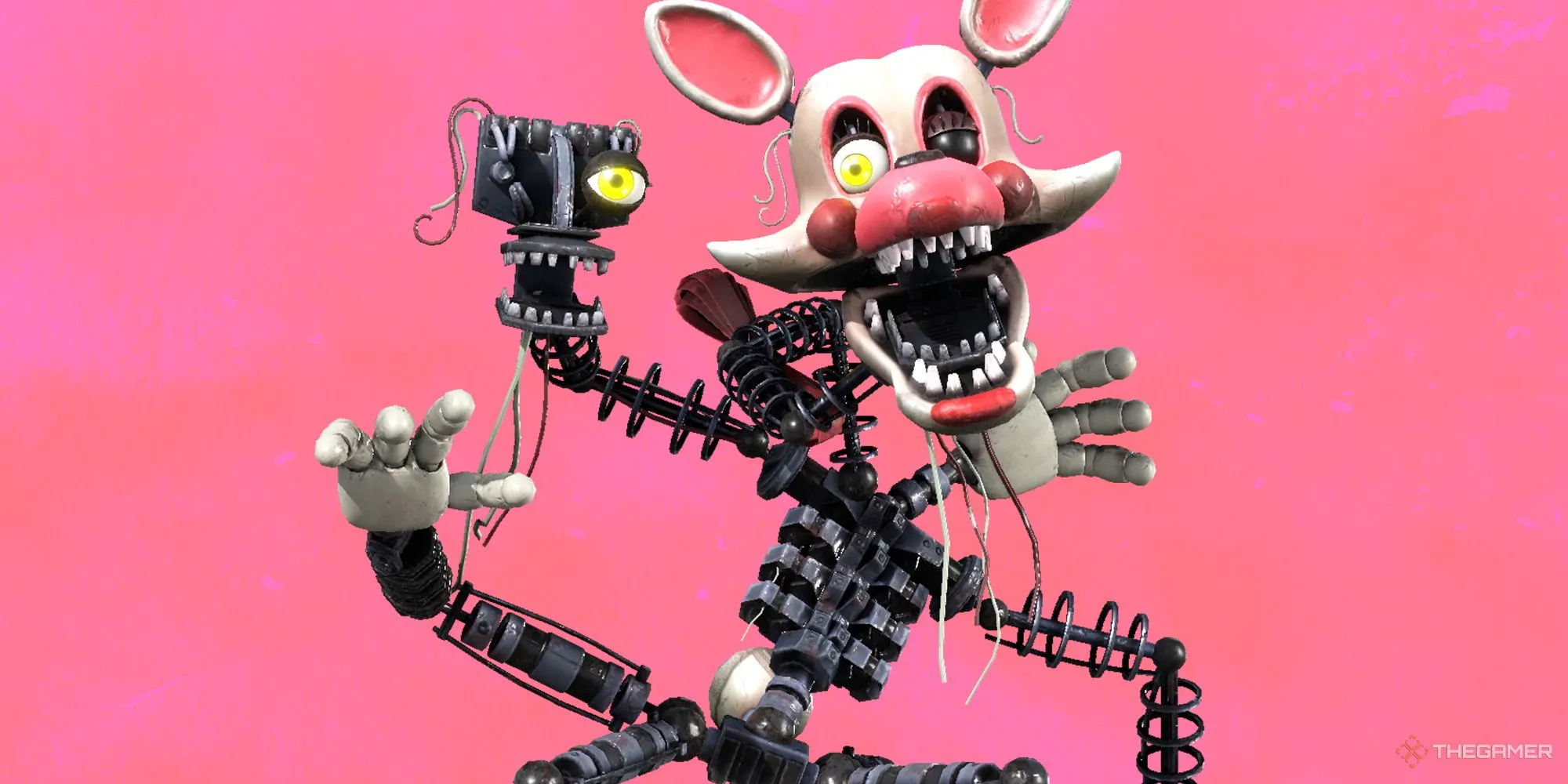 Hình ảnh animatronic Mangle từ Five Nights At Freddy’s với nền hồng đặc trưng.