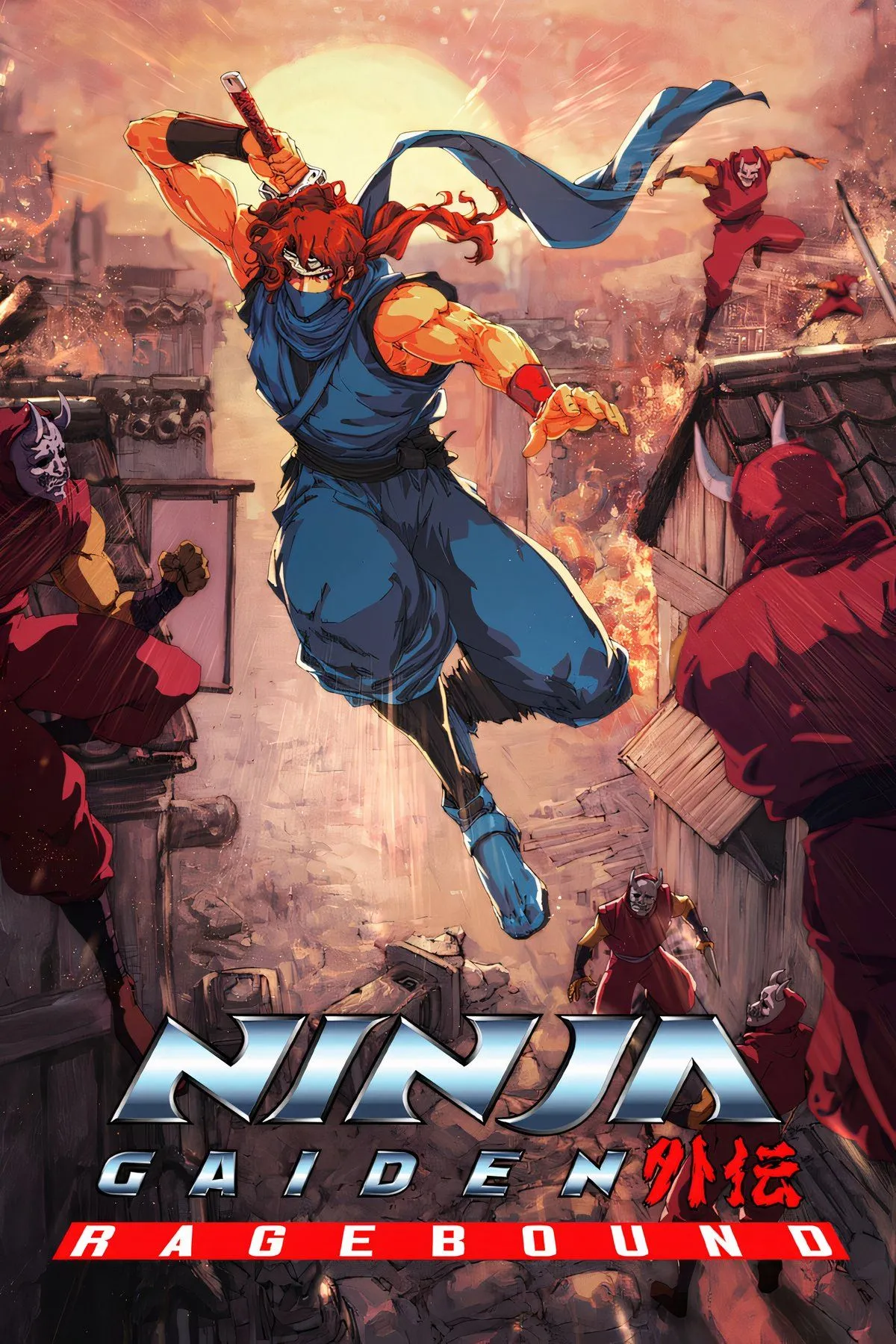 Hình ảnh bìa chính thức của game Ninja Gaiden: Ragebound, thể hiện phong cách nghệ thuật độc đáo và không khí hành động căng thẳng.