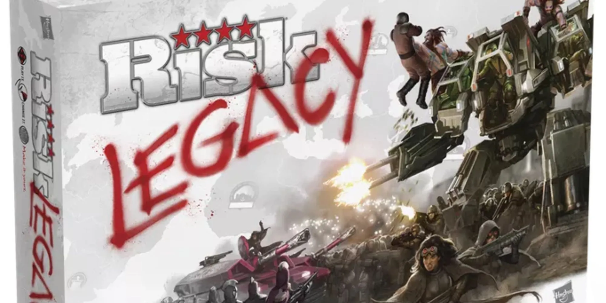 Hộp board game Risk Legacy với hình ảnh robot chiến đấu và lính bộ binh, gợi mở về chiến tranh khốc liệt