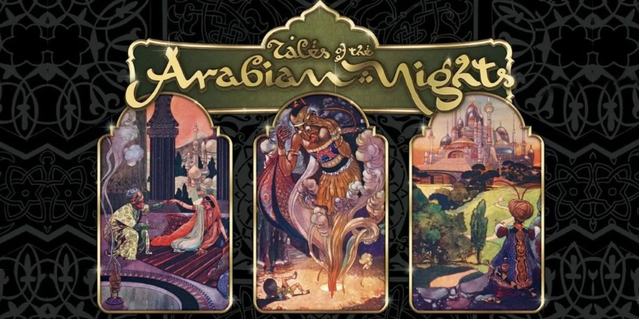 Hộp board game Tales of the Arabian Nights với các cảnh từ câu chuyện Nghìn Lẻ Một Đêm, nhấn mạnh yếu tố kể chuyện
