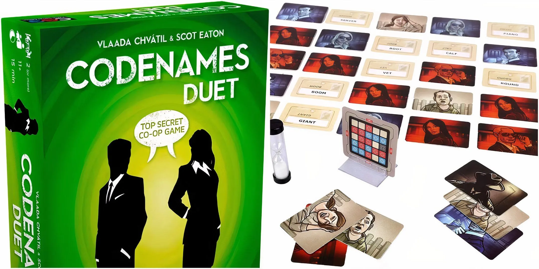 Hộp game Codenames Duet và bảng chơi, minh họa cơ chế đoán từ bí mật dựa trên gợi ý một từ.