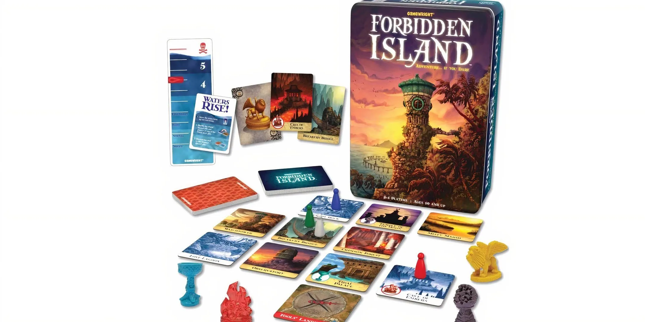 Hộp game Forbidden Island với các miếng ghép đảo và quân cờ đại diện cho người chơi