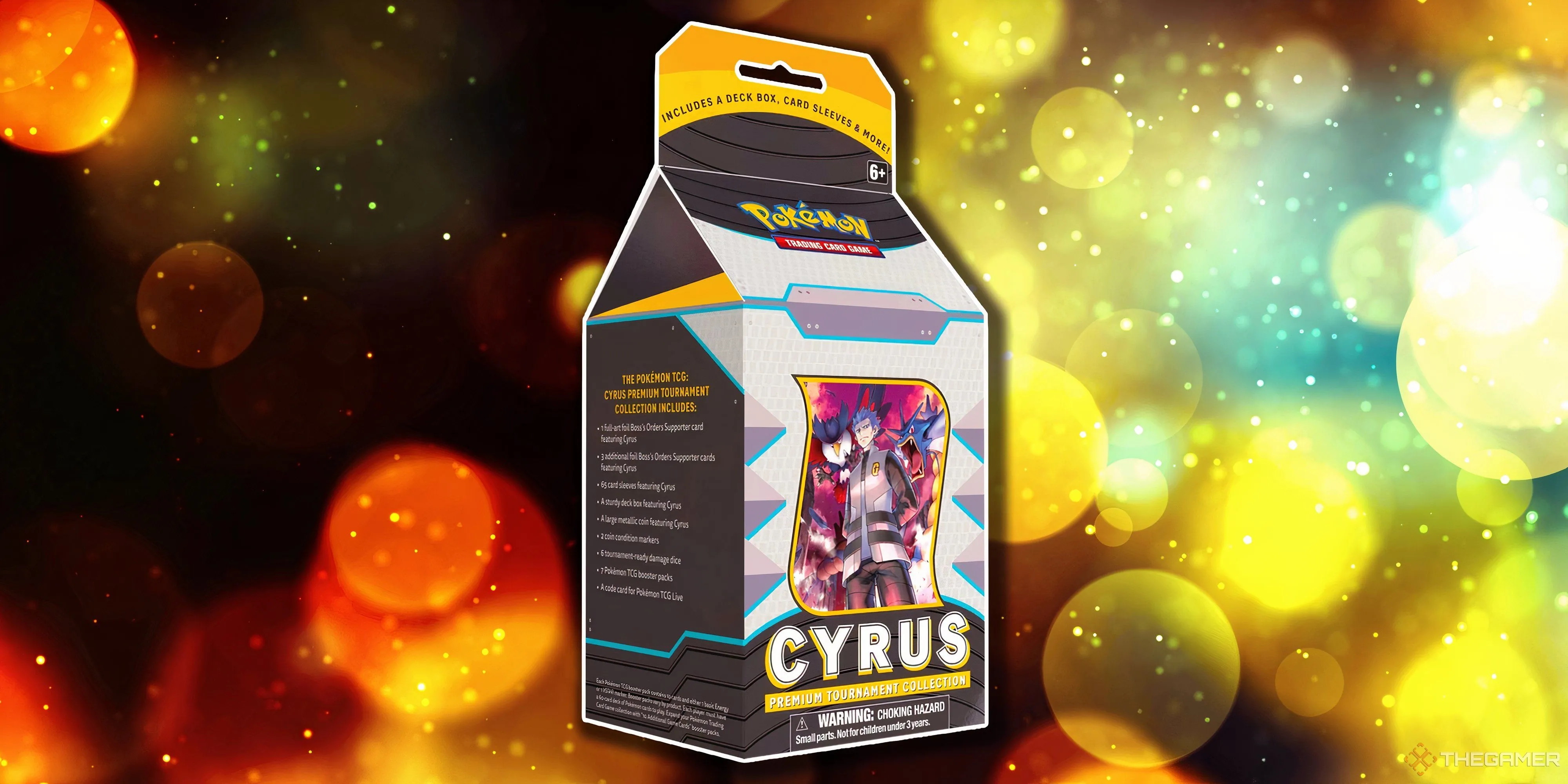 Hộp Premium Tournament Collection Cyrus với hình ảnh thủ lĩnh Team Galactic Cyrus đầy uy quyền.