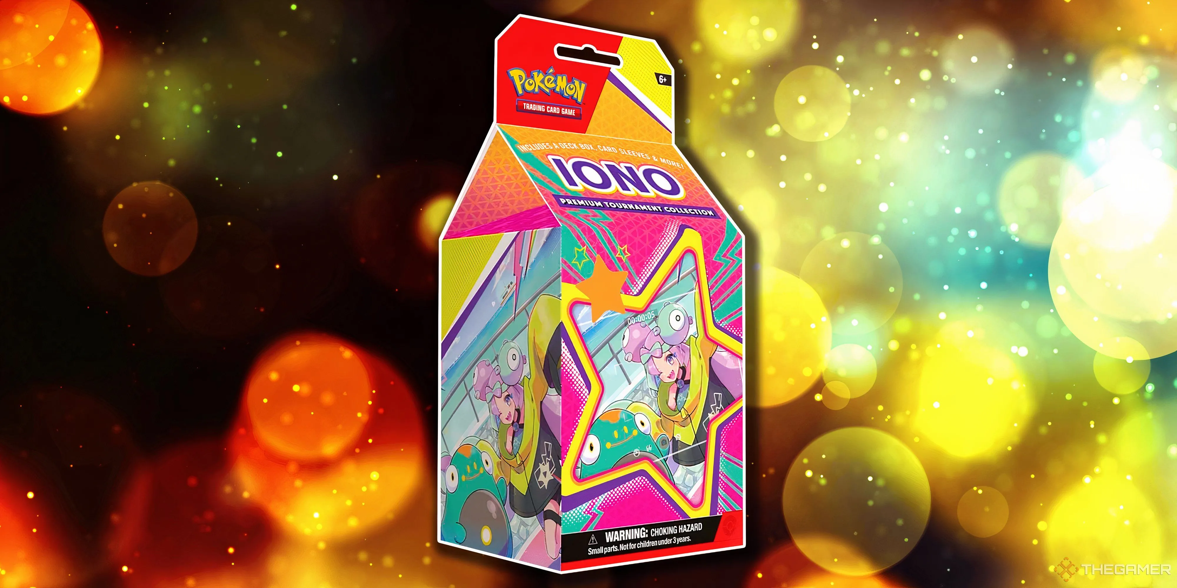 Hộp Premium Tournament Collection Iono nổi bật với màu sắc tươi sáng và hình ảnh nữ Streamer Iono của vùng Paldea.