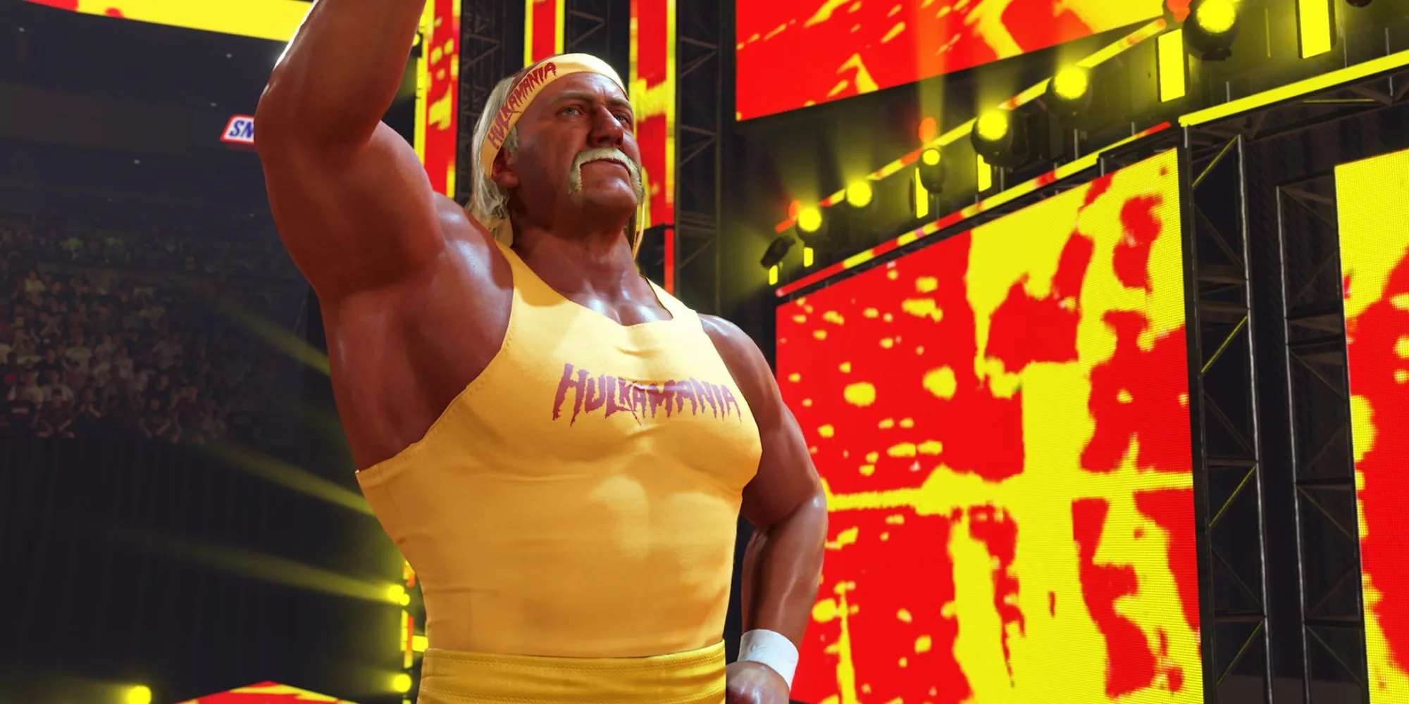 Hulk Hogan đang bước ra sàn đấu trong tựa game WWE 2K24, thể hiện hình ảnh biểu tượng của nhân vật trong thế giới ảo
