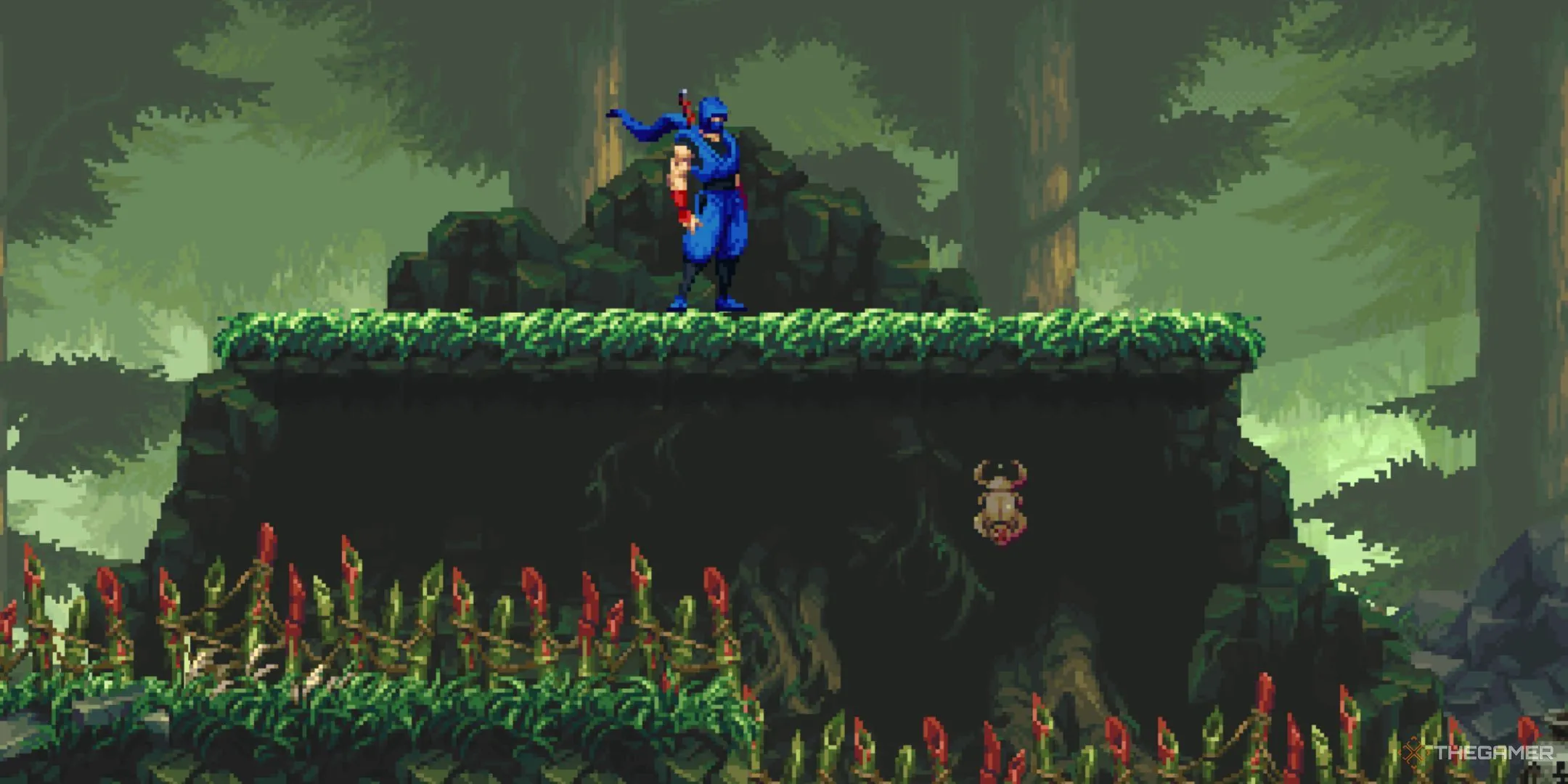 Kenji đứng cạnh một Golden Scarab trong Ninja Gaiden: Ragebound Act 1