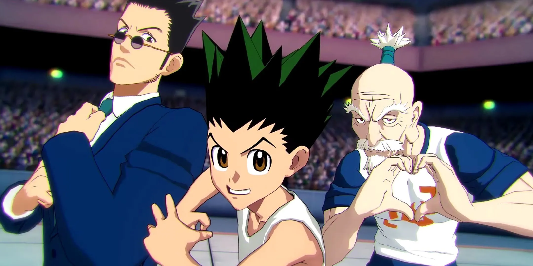 Leorio, Gon và Isaac Netero trong một trận chiến đối kháng 3v3 của Hunter x Hunter Nen x Impact, thể hiện cơ chế gameplay đồng đội