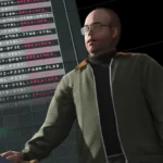 Lester Crest, nhân vật quen thuộc của GTA Online, bên cạnh màn hình lớn, minh họa các tính năng xã hội trong game.