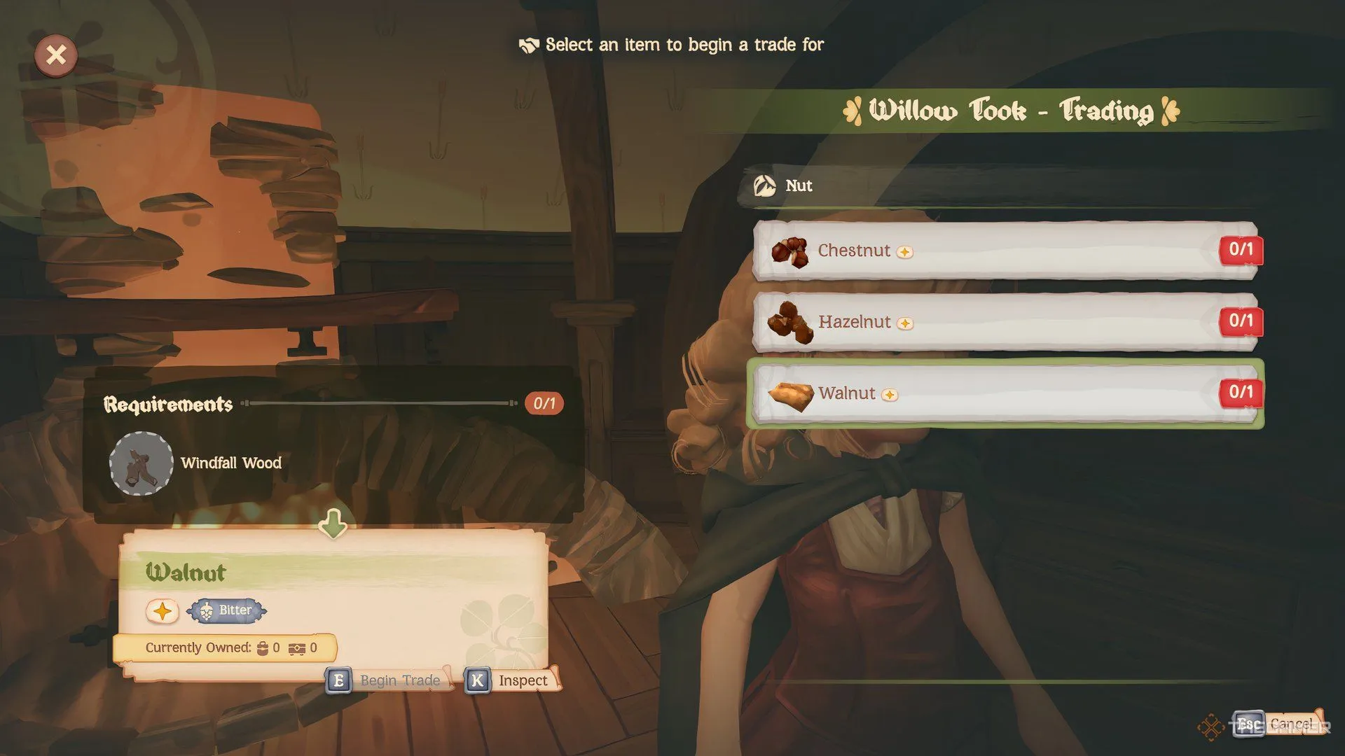 Menu trao đổi vật phẩm được hiển thị trong Tales of the Shire.