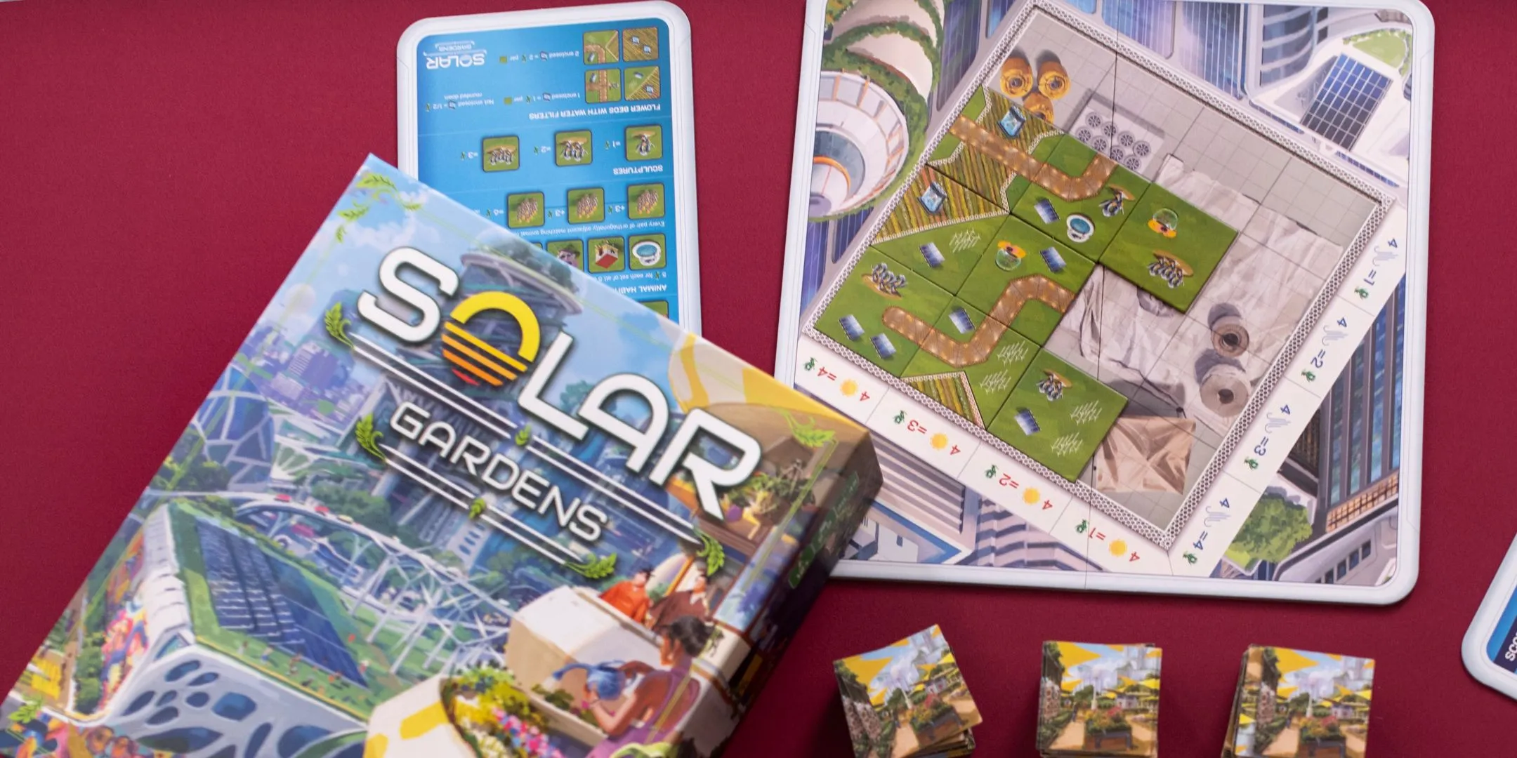 Minh họa các vật phẩm và bảng chơi của game Solar Gardens với chủ đề thành phố xanh