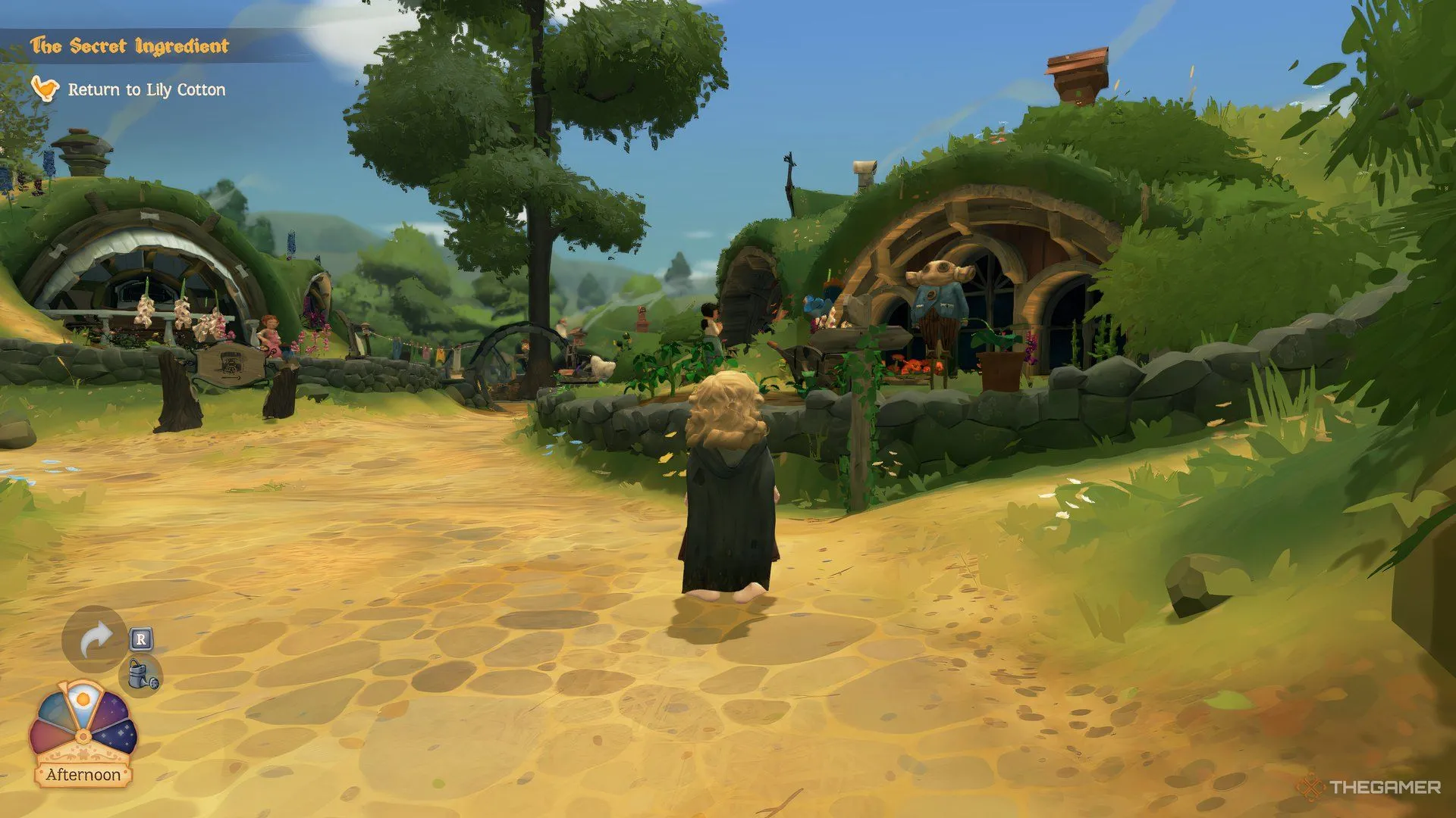 Một chú chim đậu trên biển chỉ đường trong Tales of the Shire, hướng về phía trước.