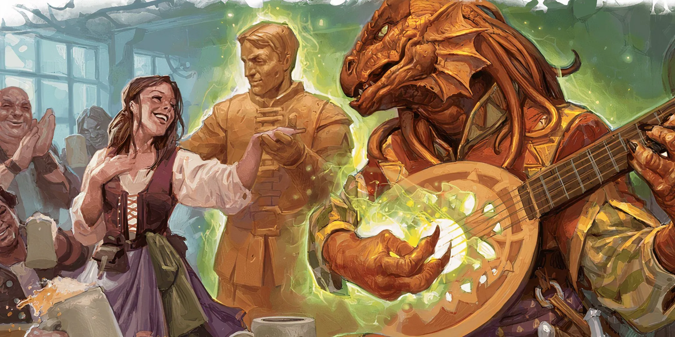 Một Dragonborn Bard sử dụng phép thuật trên một nhân vật khác, minh họa việc áp dụng luật chơi Dungeons &amp; Dragons.