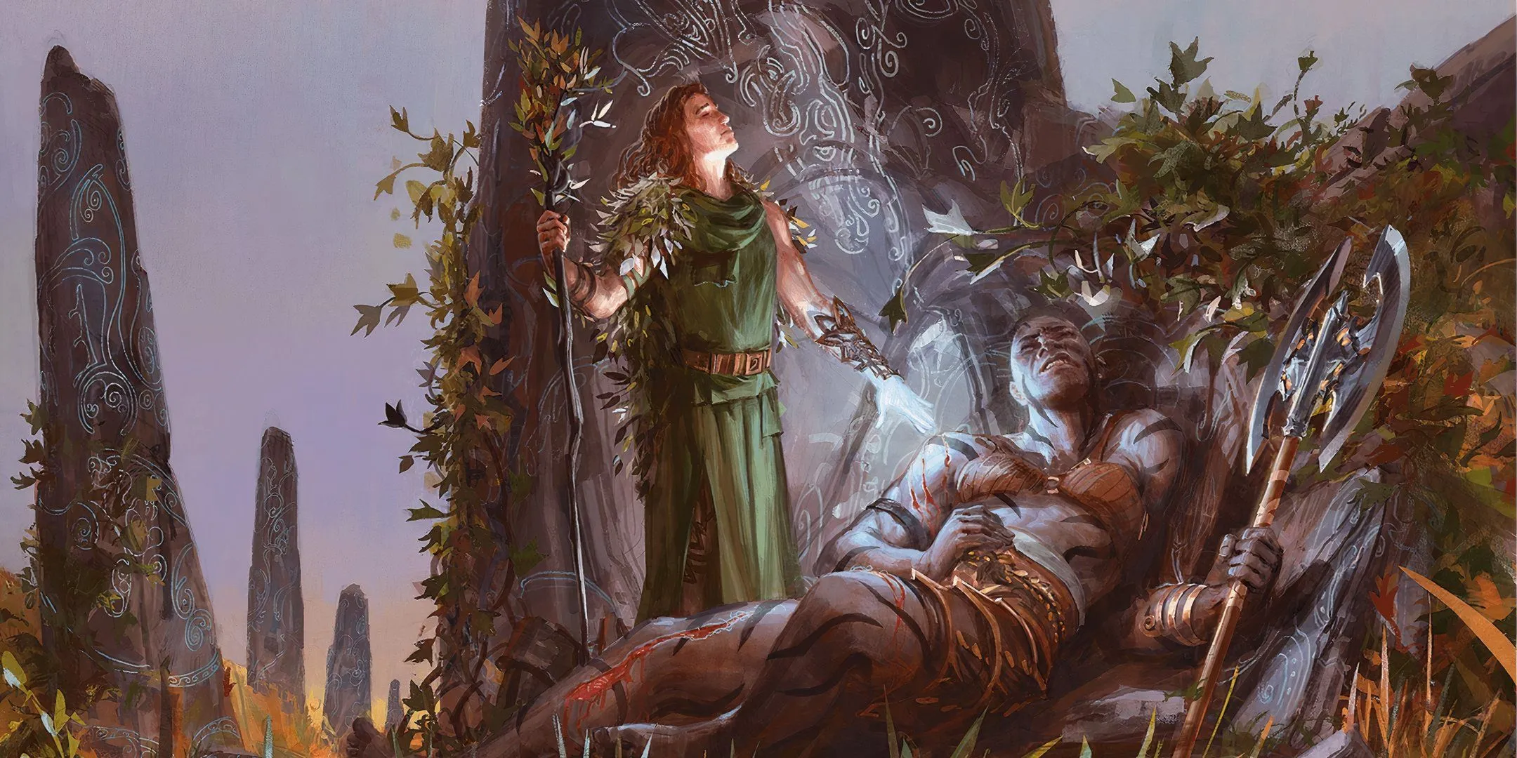Một druid đang thi triển Lesser Restoration lên một chiến binh ngã xuống, gợi ý sự thiếu vắng hồi sinh vĩnh viễn.
