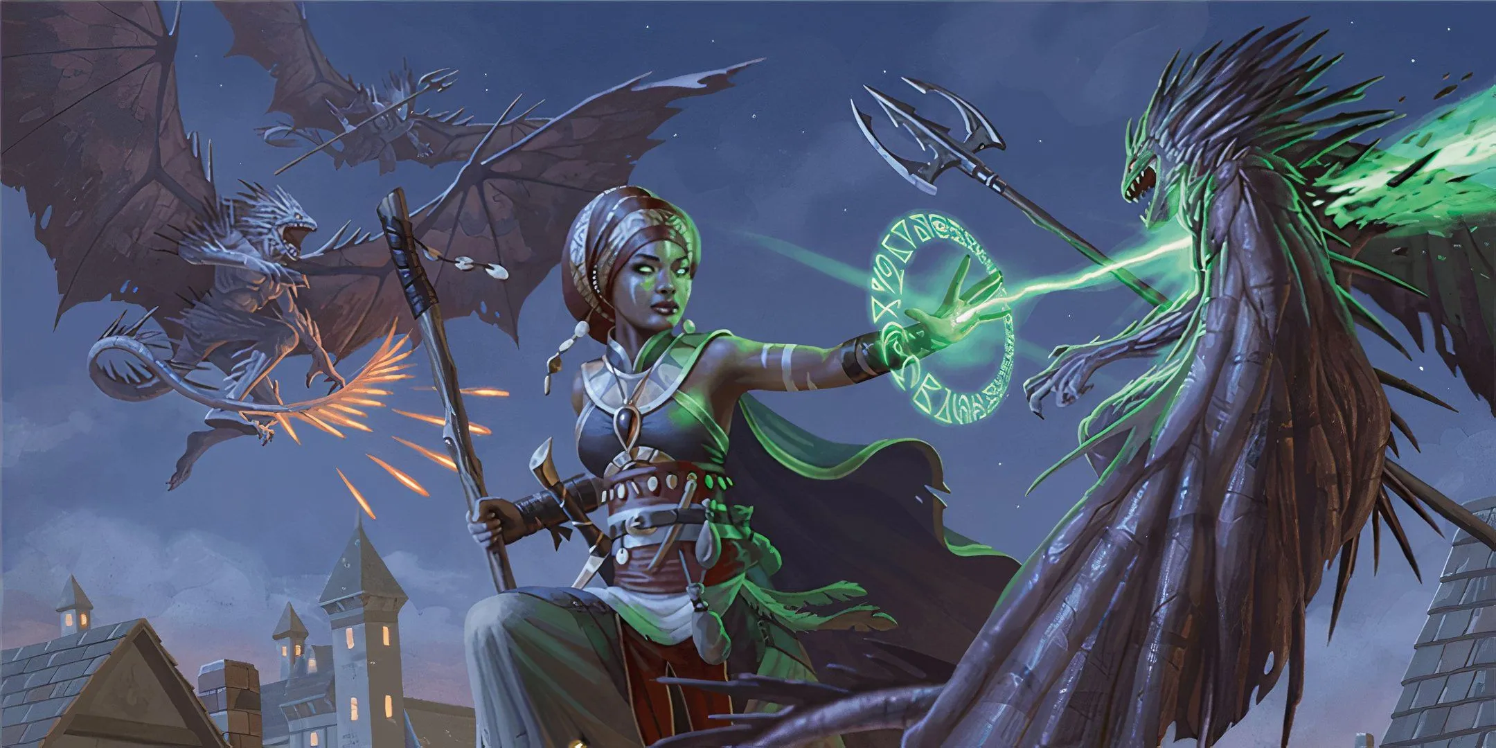 Một pháp sư trong cuộc truy đuổi trên mái nhà ở Waterdeep trong D&amp;D, minh họa hành động thường ngày của người sử dụng phép thuật.