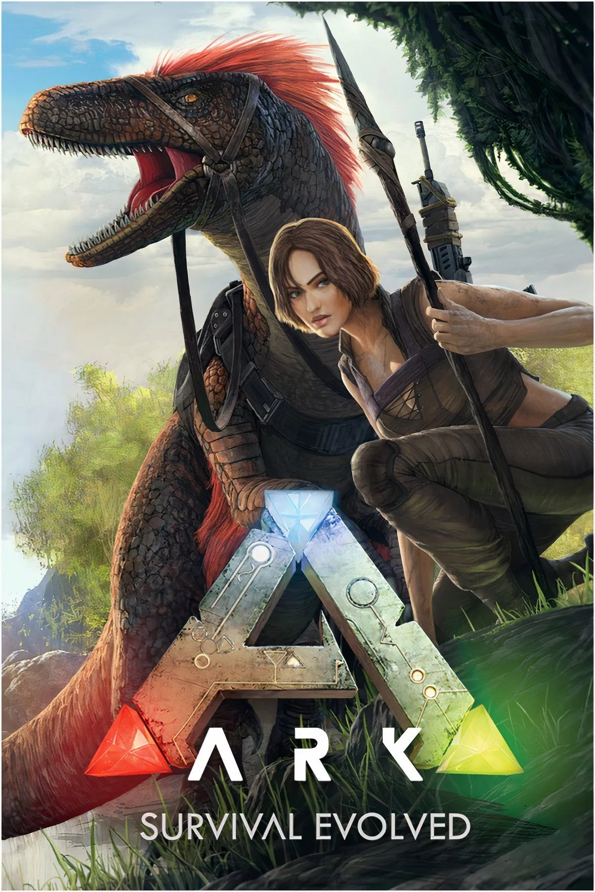 Người chơi cưỡi khủng long qua cảnh quan rừng rậm trong Ark: Survival Evolved.