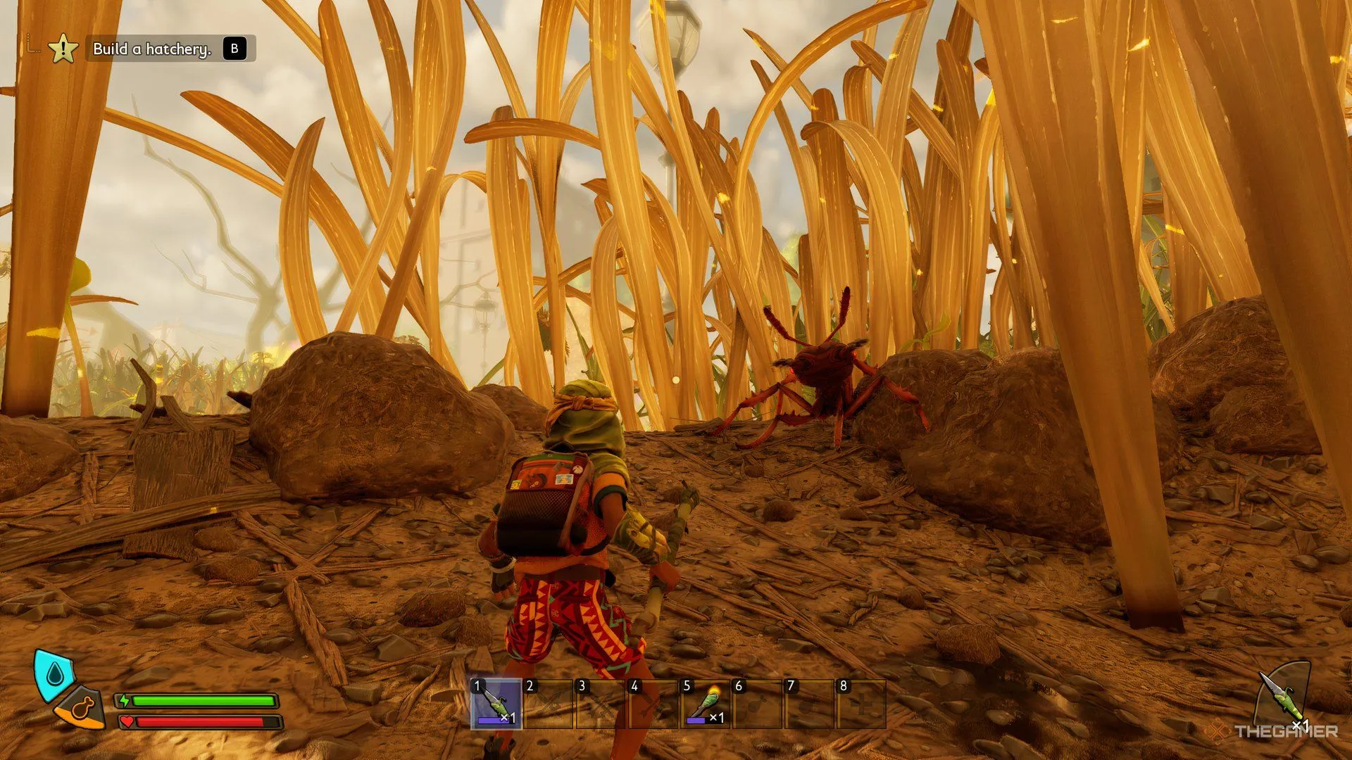 Người chơi Grounded 2 đang chiến đấu với Kiến Lính Đỏ (Red Soldier Ant) để thu thập nguyên liệu.