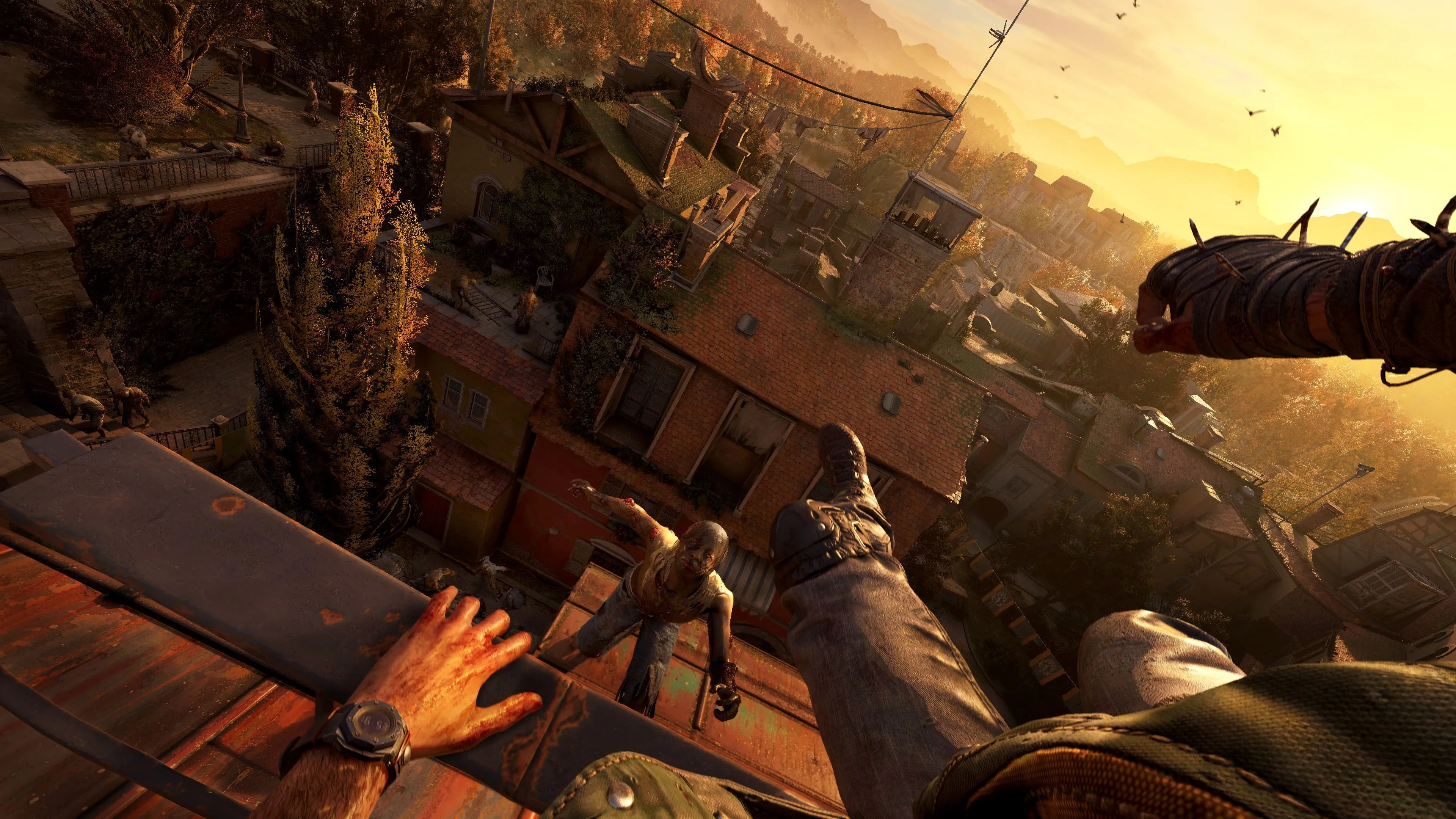 Người chơi thực hiện cú nhảy parkour từ mái nhà xuống đối mặt với zombie trong Dying Light: The Beast, thể hiện lối chơi di chuyển linh hoạt
