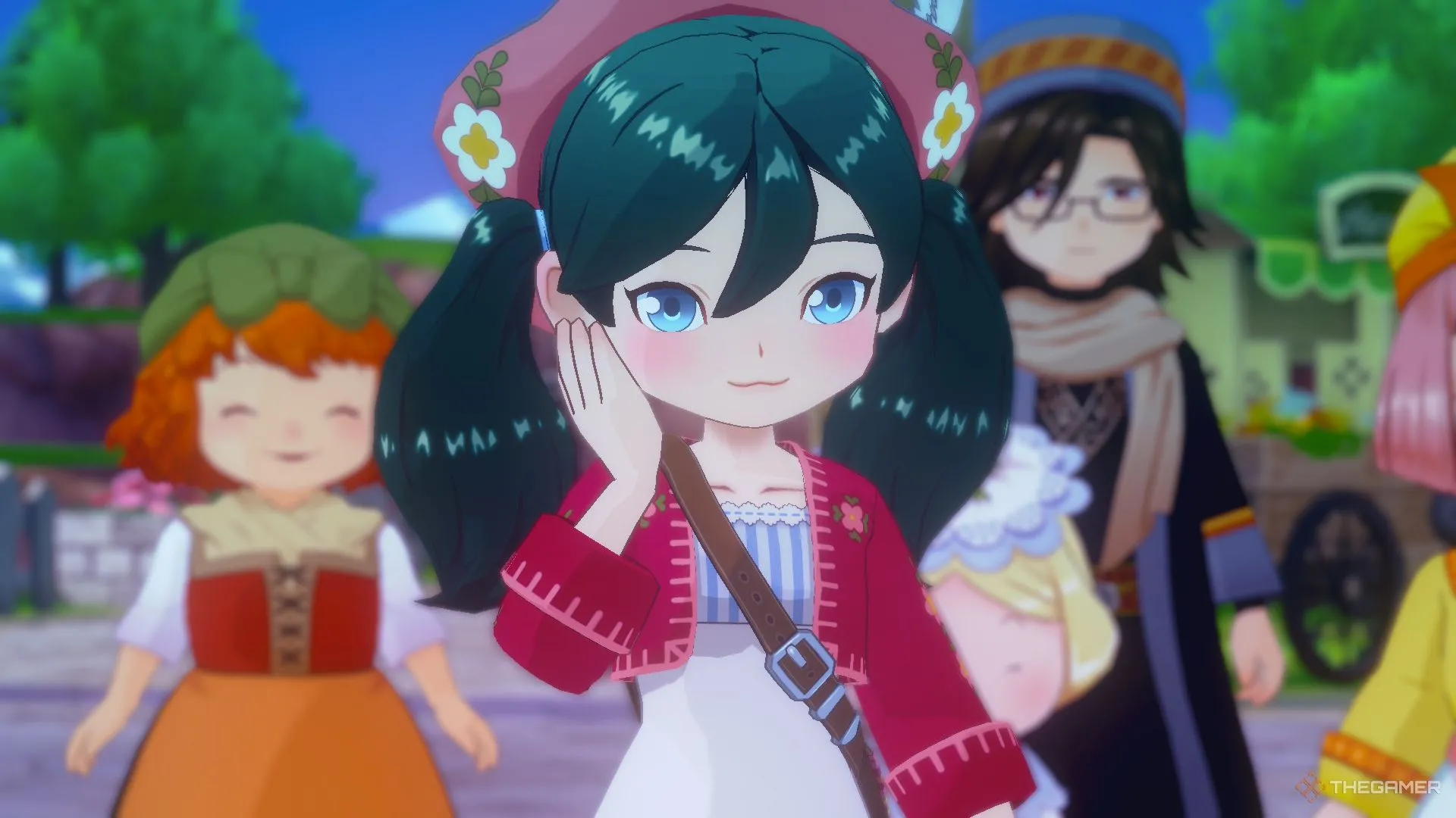 Nhân vật chính đang đỏ mặt trong cảnh tương tác xã hội của game Story of Seasons Grand Bazaar.