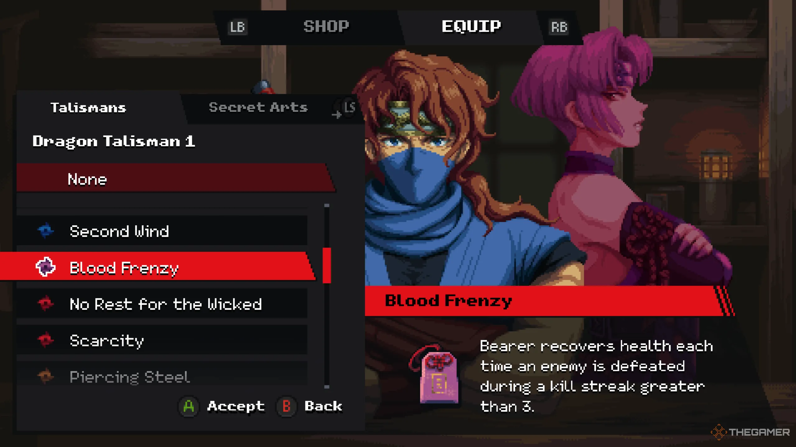 Nhân vật Kenji trang bị Phù Chú Blood Frenzy để hồi máu liên tục trong Ninja Gaiden Ragebound