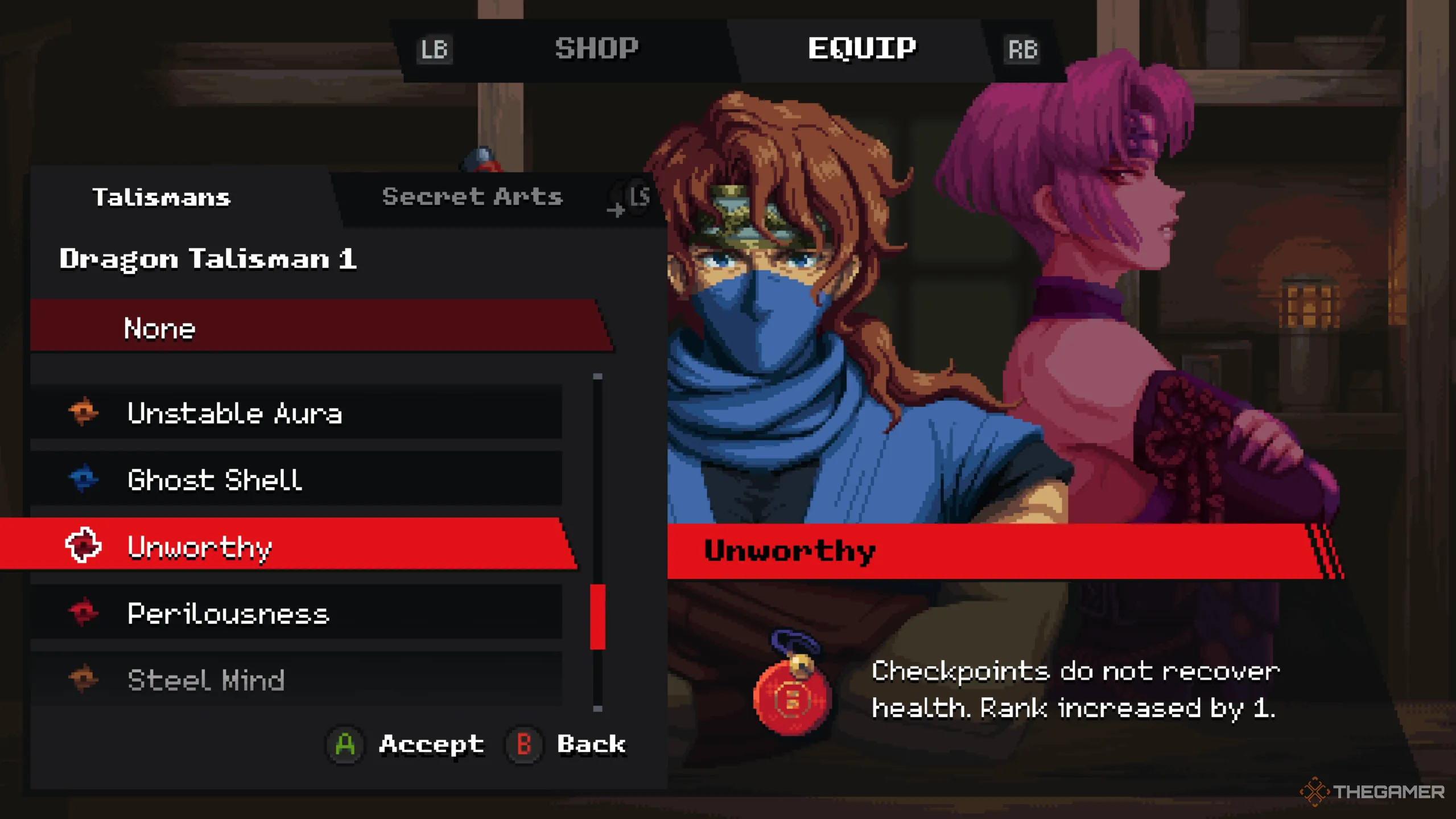 Nhân vật Kenji trang bị Phù Chú Unworthy trong cửa hàng của Muramasa trong Ninja Gaiden Ragebound