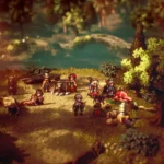 Nhóm nhân vật trong Octopath Traveler 2 với đồ họa HD-2D đặc trưng và hiệu ứng ánh sáng nổi bật
