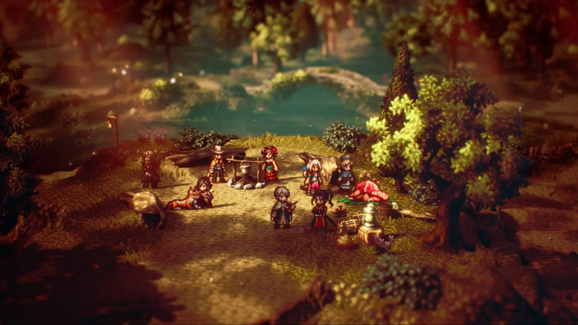 Nhóm nhân vật trong Octopath Traveler 2 với đồ họa HD-2D đặc trưng và hiệu ứng ánh sáng nổi bật