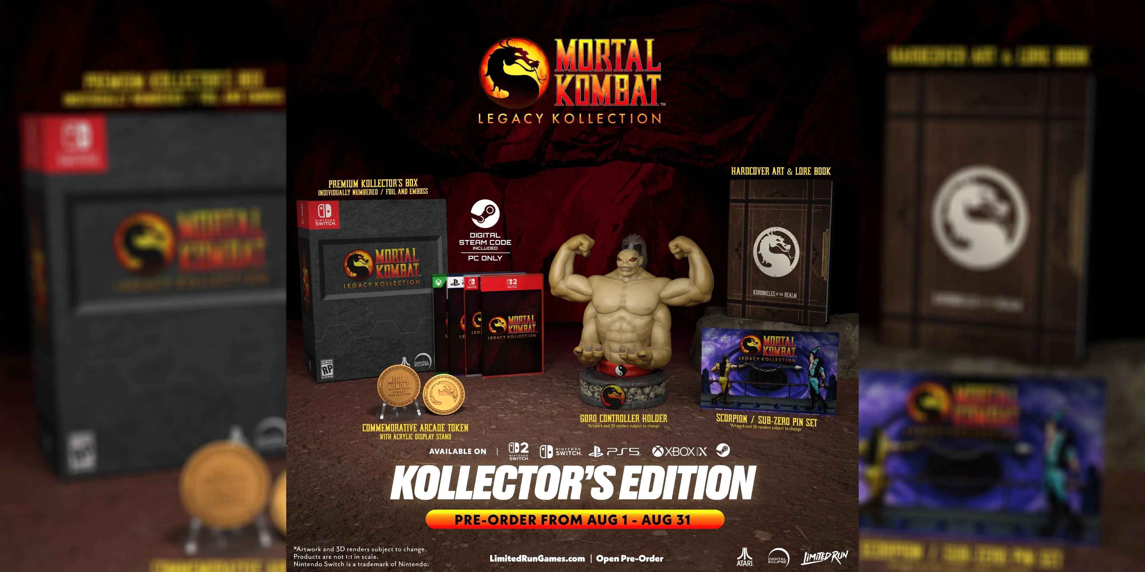 Nội dung chi tiết bên trong hộp Kollector's Edition của Mortal Kombat: Legacy Kollection, bao gồm tượng Goro giữ tay cầm, pin, token arcade và artbook.